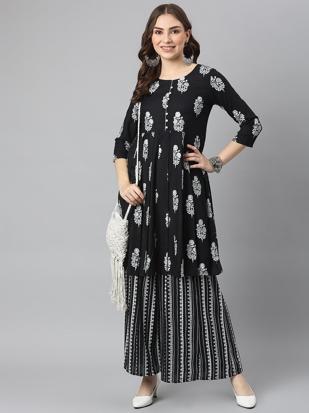 Kalini Women Black Ethnic Motifs Printed Kurta with Sharara | Swadesiicart