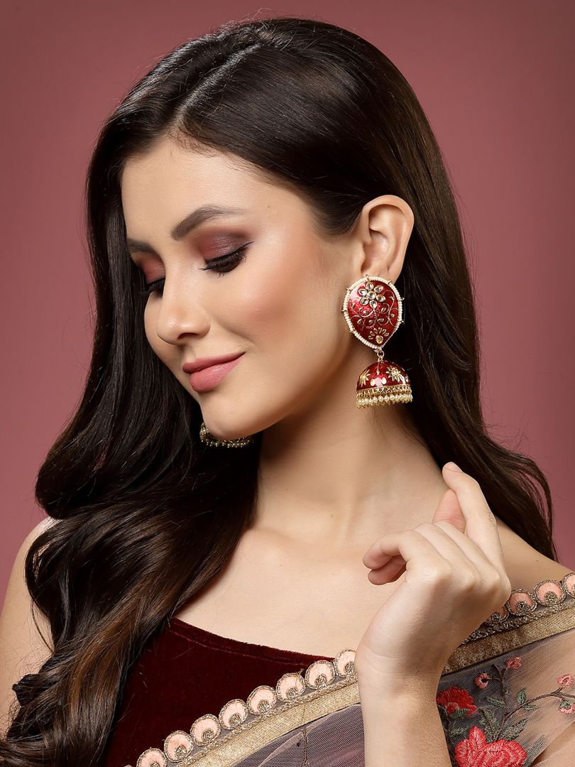 Maroon Jhumka Earrings for Womens for Ethnic Party by House of Ree | Swadesiicart