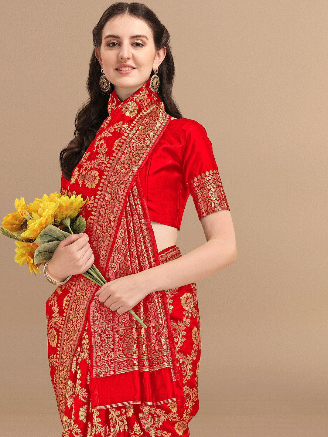 Kalini Red & Golden Floral Zari Silk Blend Banarasi Saree | Swadesiicart