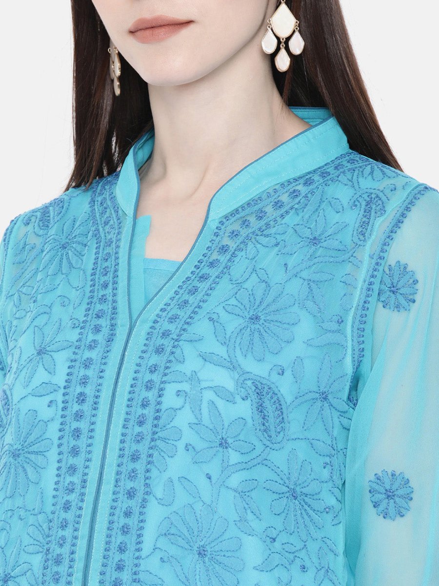 ADA Women Blue Embroidered Lucknow Chikankari Straight Kurta With Slip | Swadesiicart