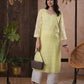ADA Women Yellow & White Hand Embroidered Chikankari Sustainable Kota Handloom Kurta With Matching Slip | Swadesiicart