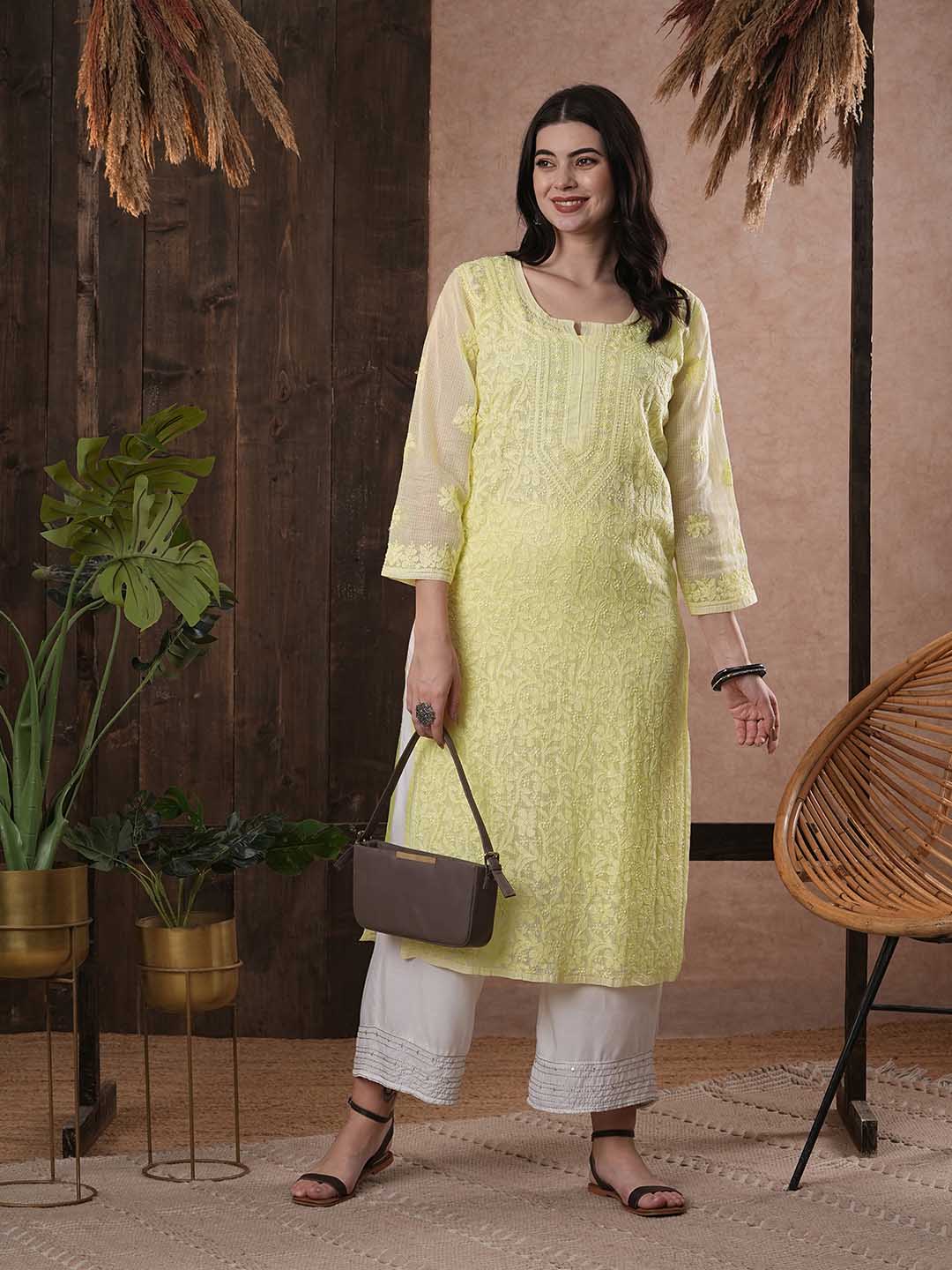 ADA Women Yellow & White Hand Embroidered Chikankari Sustainable Kota Handloom Kurta With Matching Slip | Swadesiicart