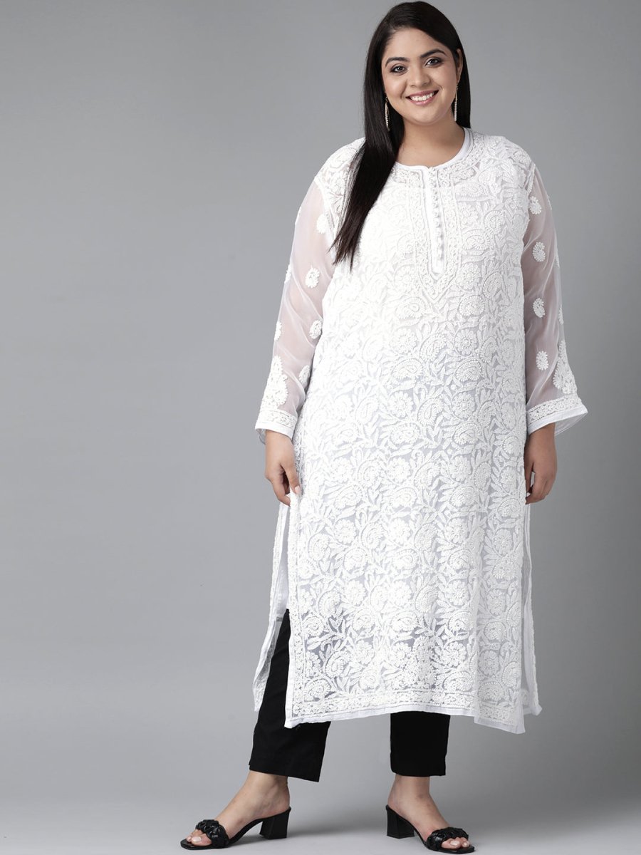 ADA Women Plus Size White Chikankari Embroidered Handloom Kurta with Inner | Swadesiicart