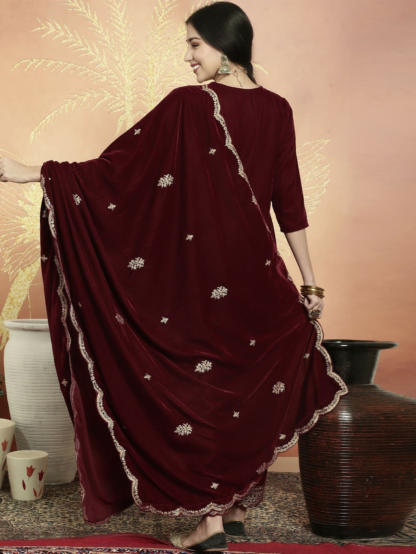 Jyoti Fashion Women's Maroon Velvet Cording with Resham Thread & Sequin Kurta with Trouser & Dupatta | Swadesiicart