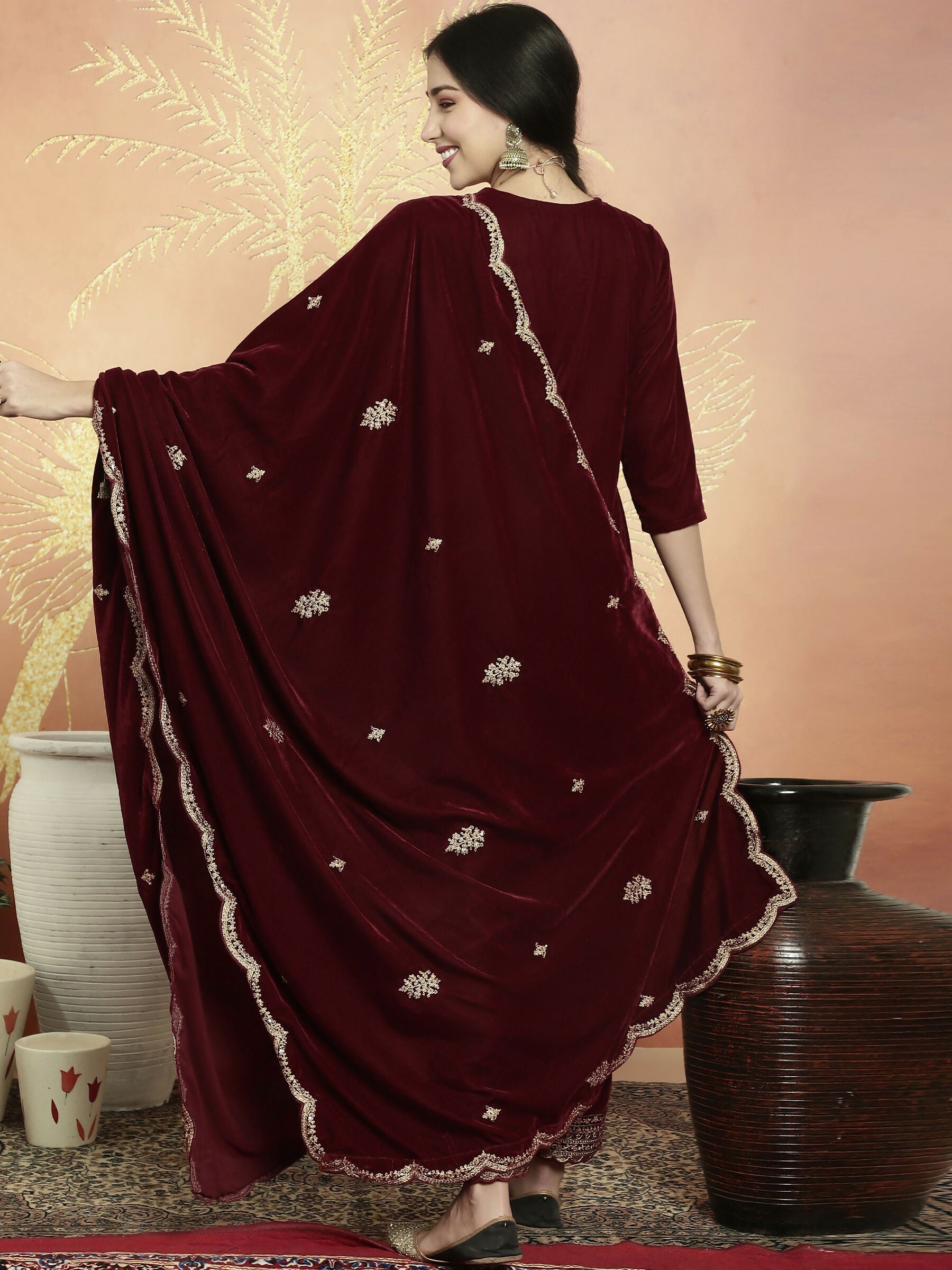 Jyoti Fashion Women's Maroon Velvet Cording with Resham Thread & Sequin Kurta with Trouser & Dupatta | Swadesiicart