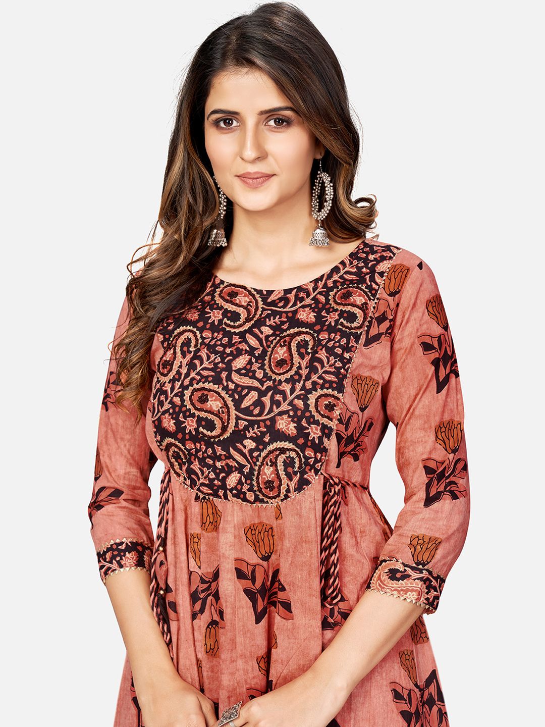 NOZ2TOZ Women's Printed & Hand Work Anarkali Cotton Brown Kurta (1Pc) - Swadesiicart