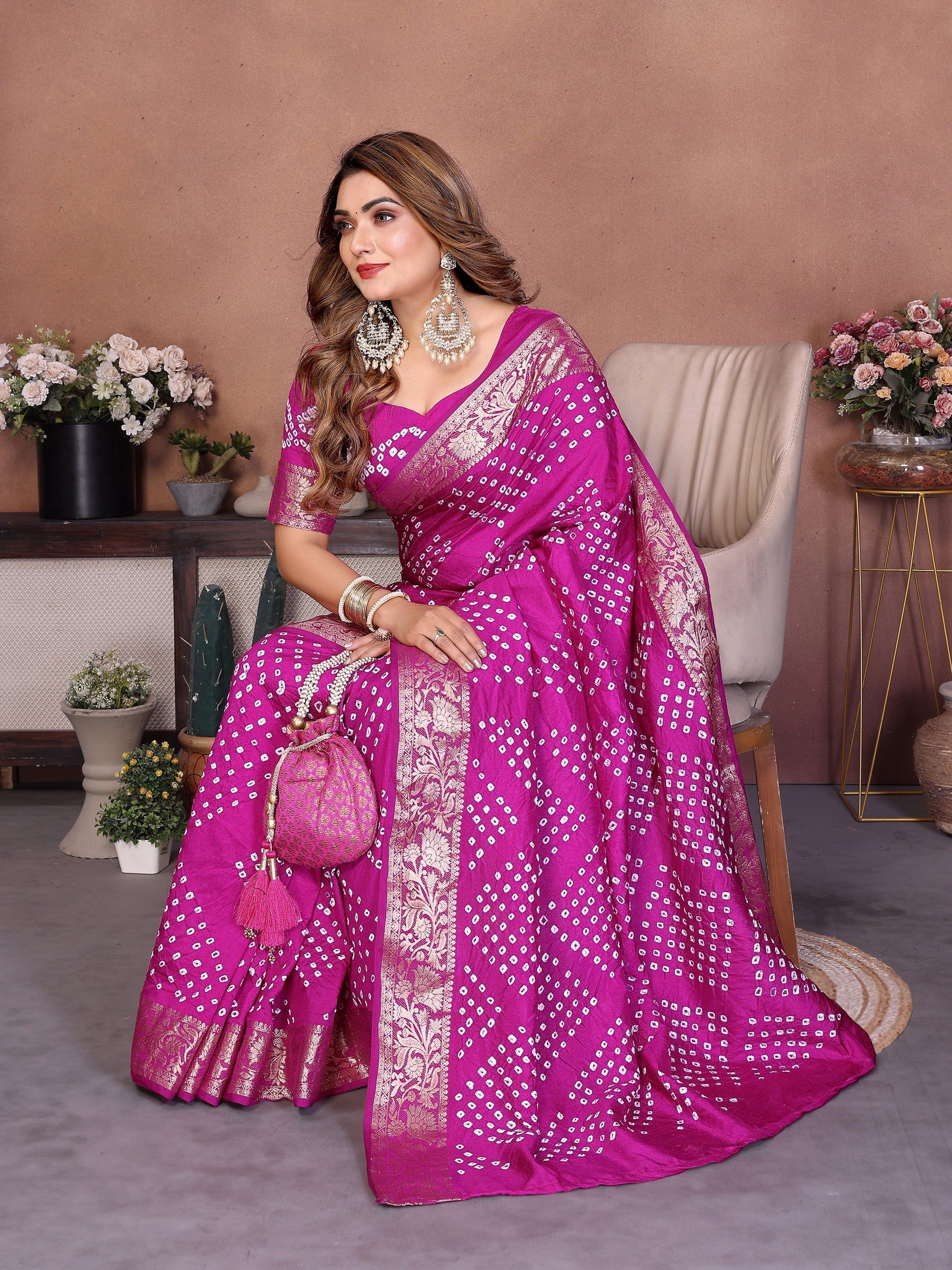 Anaita Purple Handmade Bandhej Viscose Silk Saree With Blouse