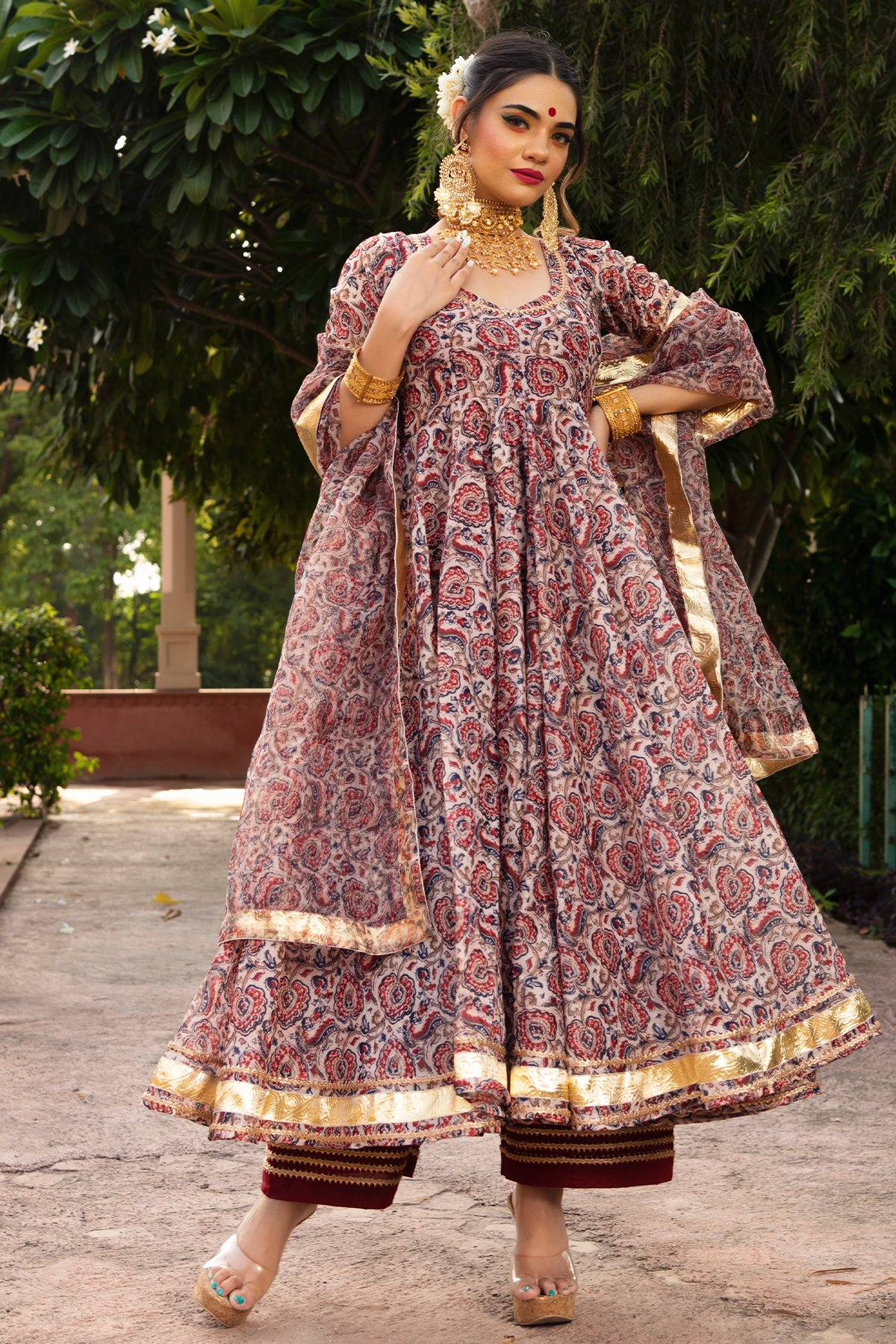Pomcha Jaipur Gulbagh Organza Anarkali Set | Swadesiicart