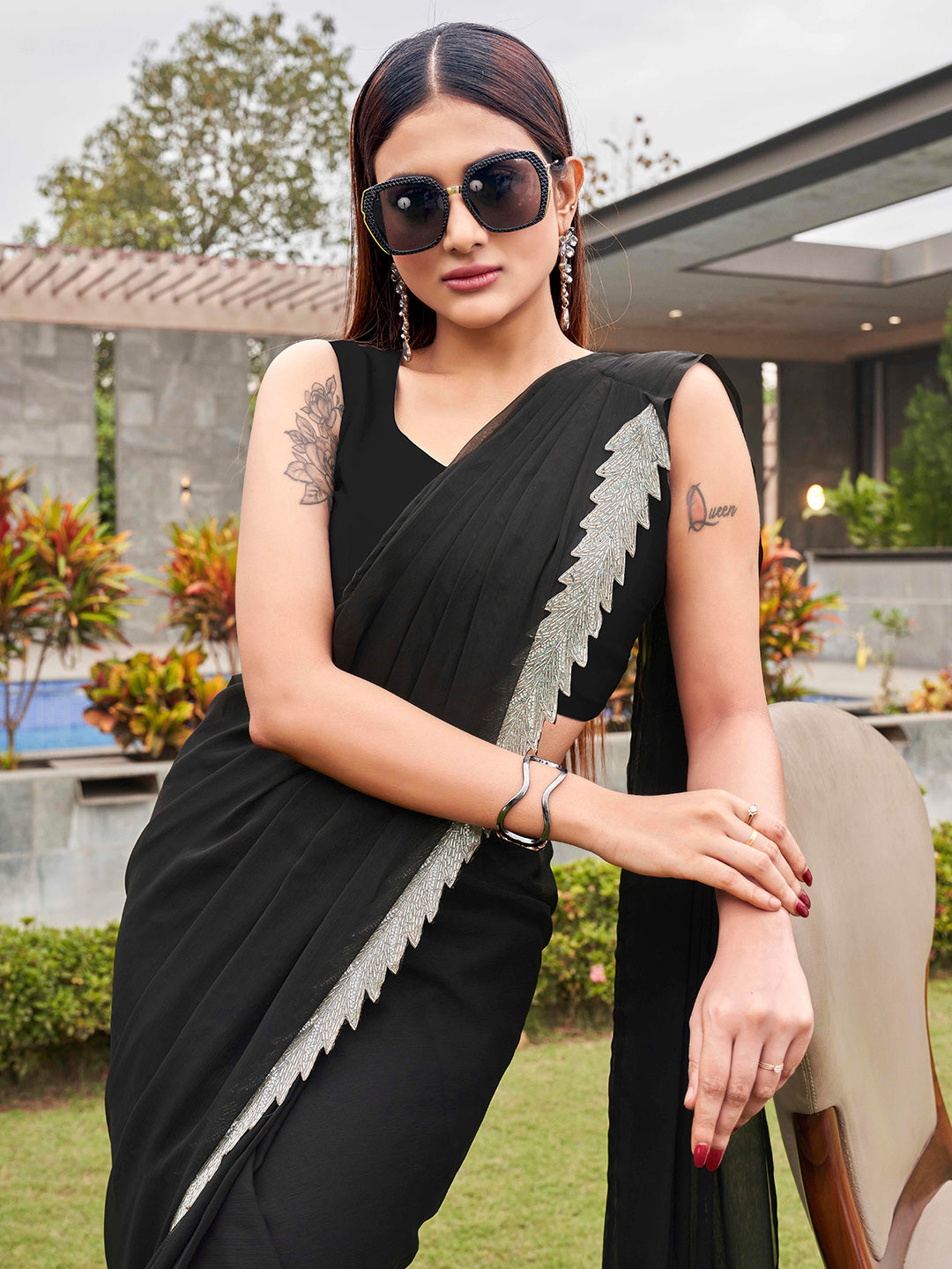 Tikhi Imli Black Beads and Stones Saree | Swadesiicart