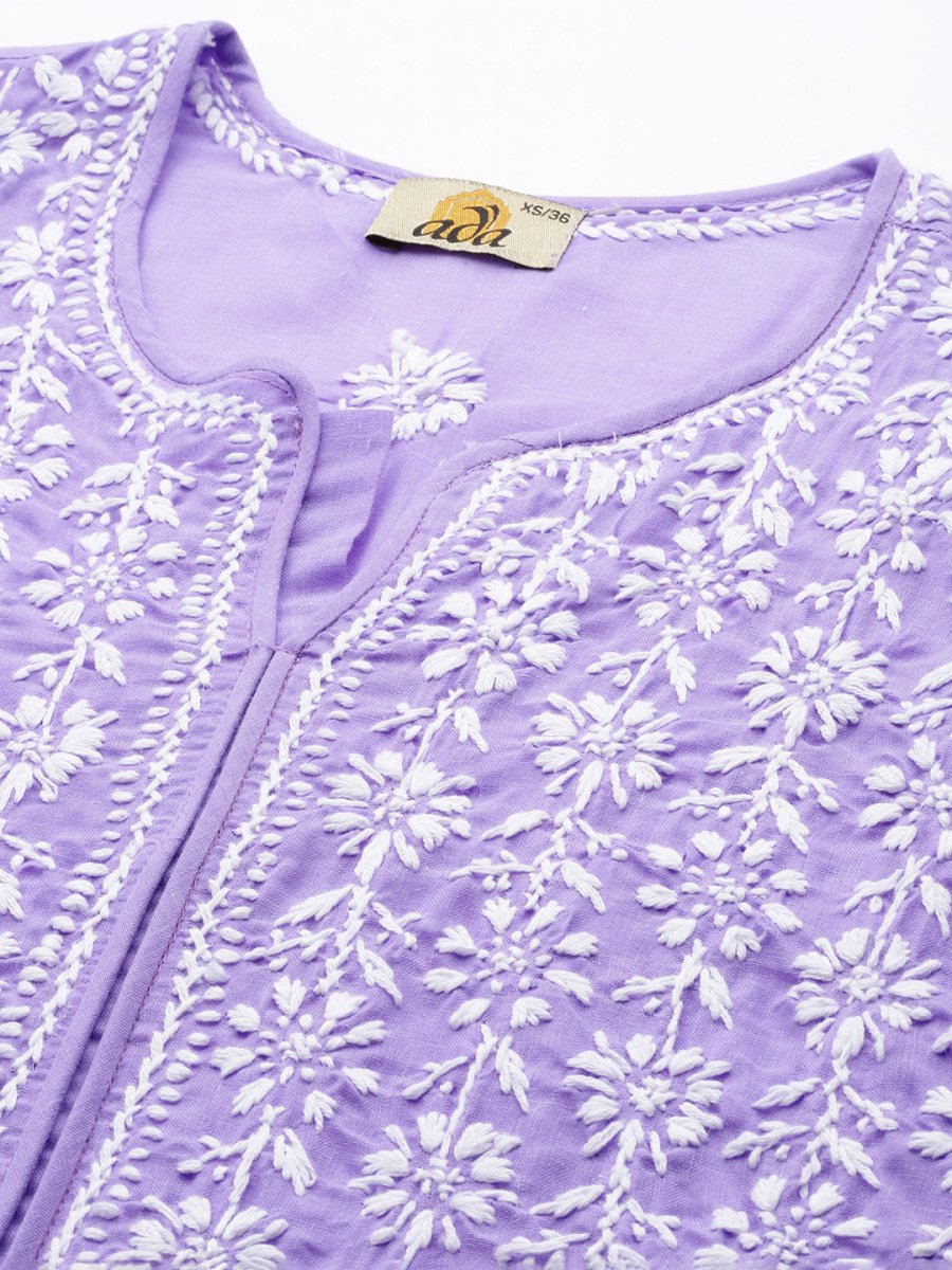 ADA Women Mauve & White Ethnic Motifs Embroidered Chikankari Kurta | Swadesiicart
