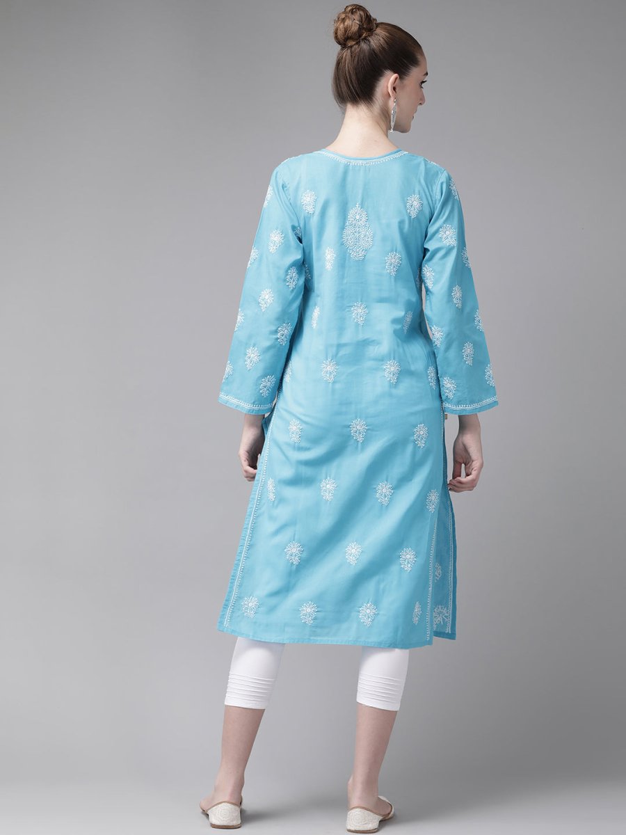 ADA Women Blue & White Pure Cotton Chikankari Embroidered Kurta with Trousers | Swadesiicart
