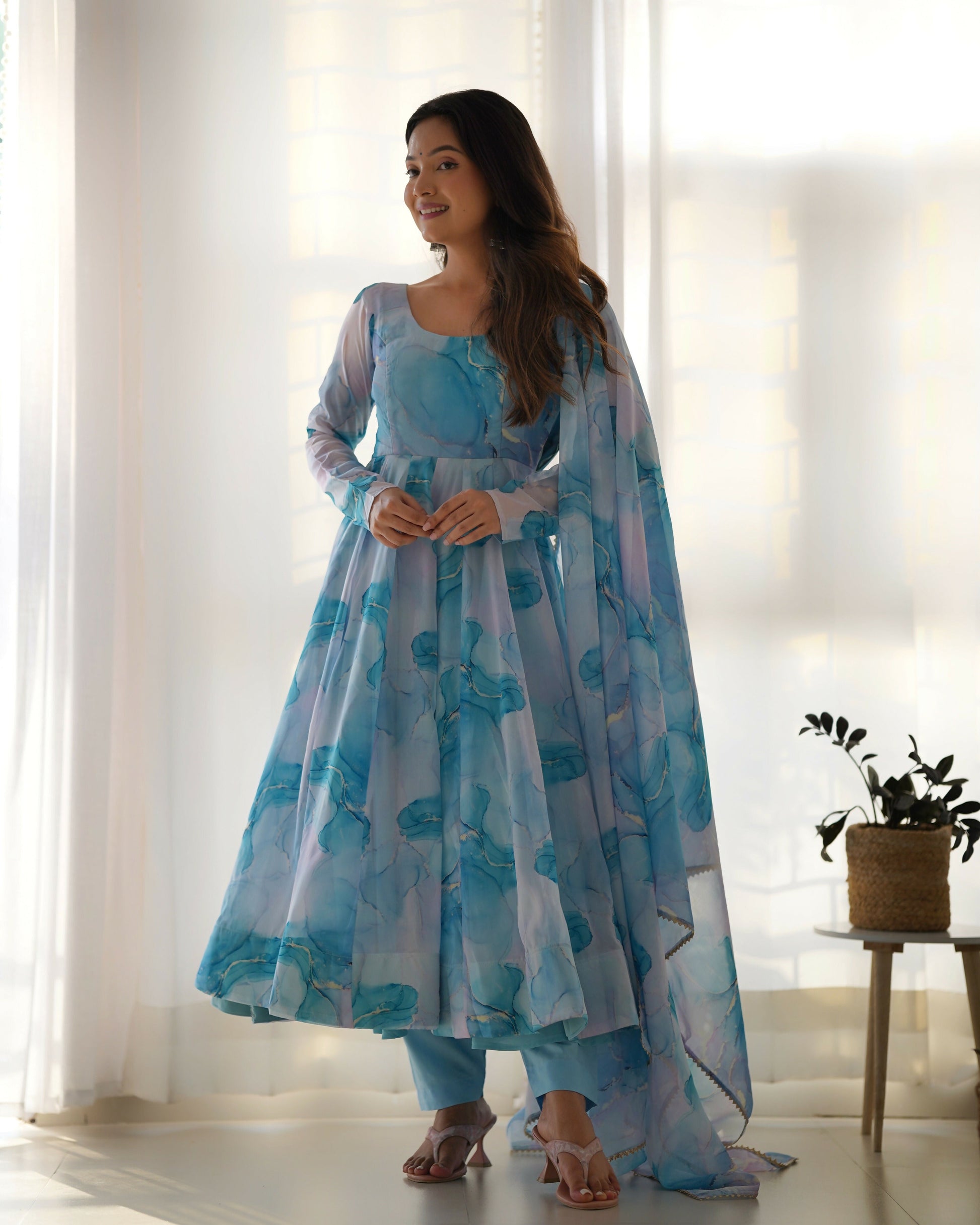 Joban Fashion Sky Kurta Set Organza Sequin Embroidery Work - Swadesiicart