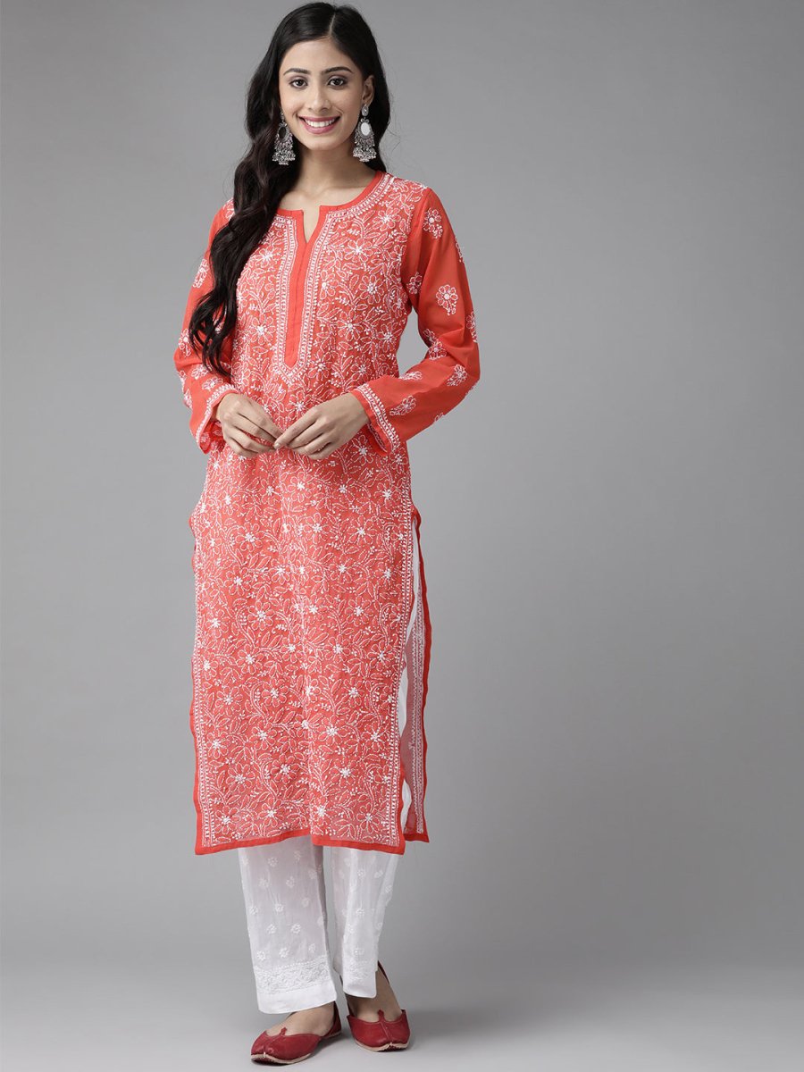 ADA Women Red & White Sustainable Hand Embroidered Chikankari Handloom Kurta with Palazzos | Swadesiicart