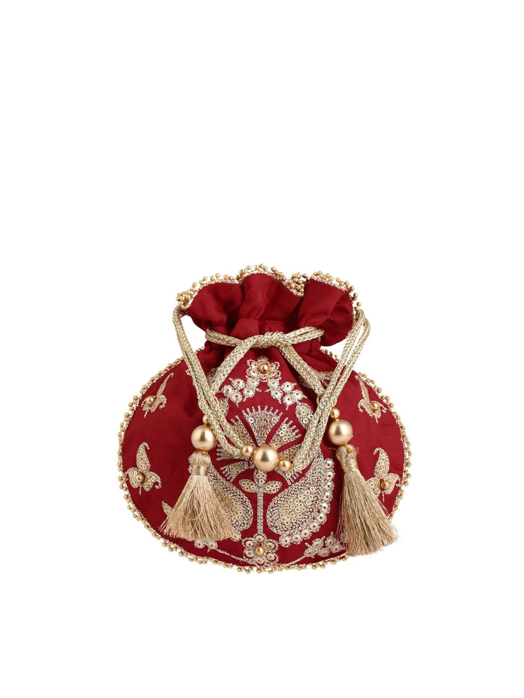 Masq Red & Gold-Toned Embellished Embroidered Potli Clutch - Swadesiicart