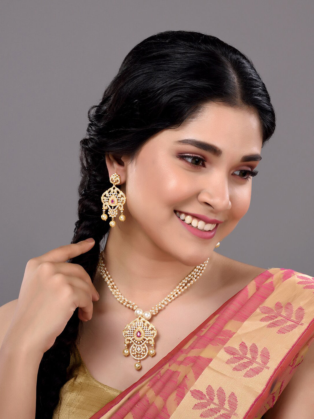 Saraf RS Jewellery Gold-Polished White & Magenta American Diamond Studded Jewellery Set - Swadesiicart