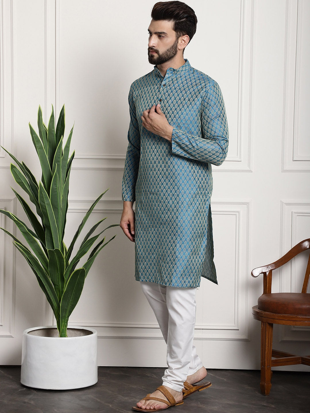 Sojanya Men Blue & Off-White Woven Design Kurta with Churidar | Swadesiicart