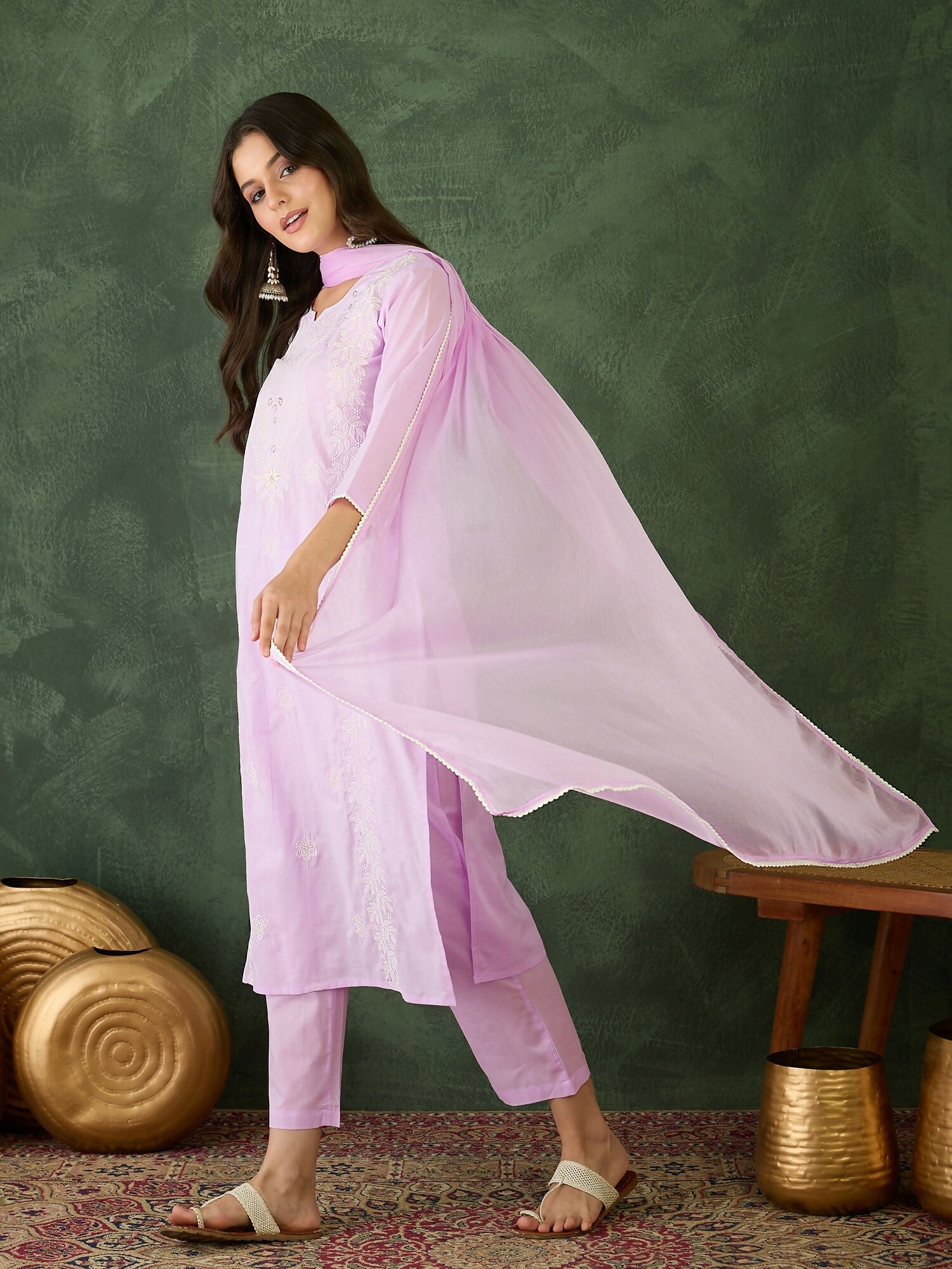 The52 Purple Women's Gorgeous Cotton Blend Fabric Thread Work Straight Kurta, Pant and Dupatta Set - Swadesiicart
