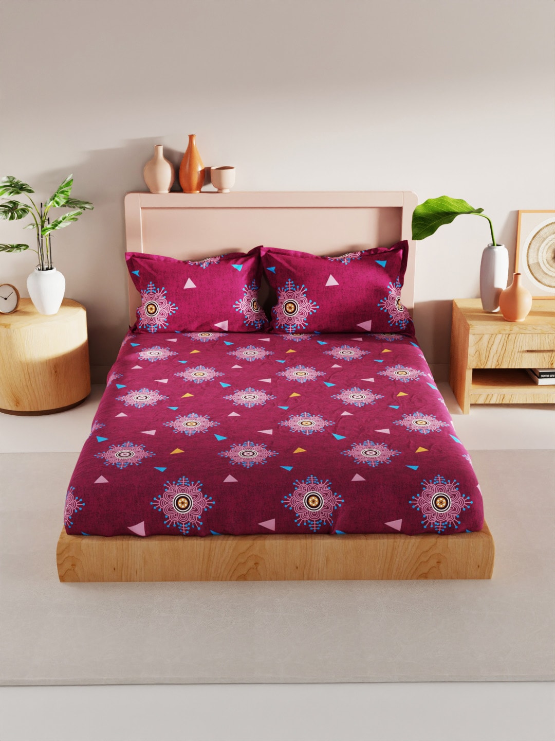 BIANCA Geo Tokyo Ethnic Motifs 200 TC King Bedsheet with 2 Pillow Covers - Swadesiicart