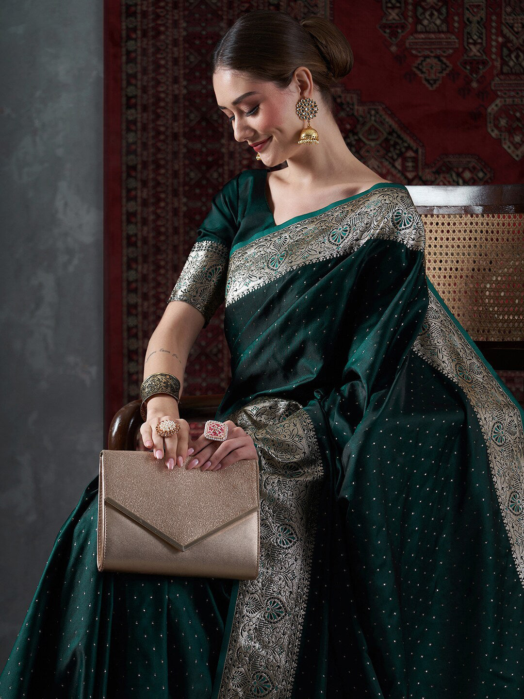 Mitera Green & Gold-Toned Ethnic Motifs Woven Design Zari Satin Banarasi Saree | Swadesiicart