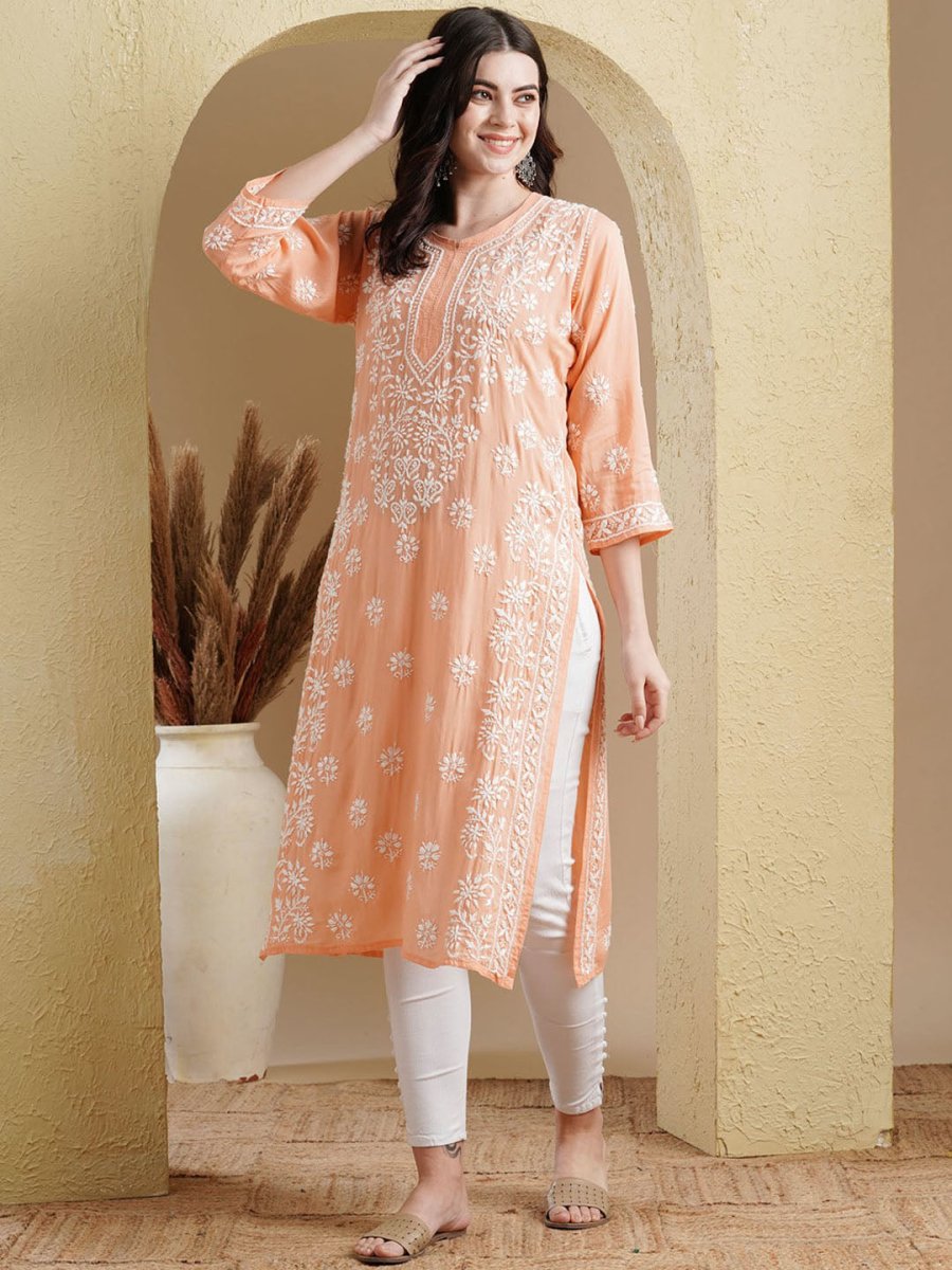 ADA Ethnic Motifs Embroidered Lucknowi Chikankari Detailed Modal Cotton Straight Kurta | Swadesiicart