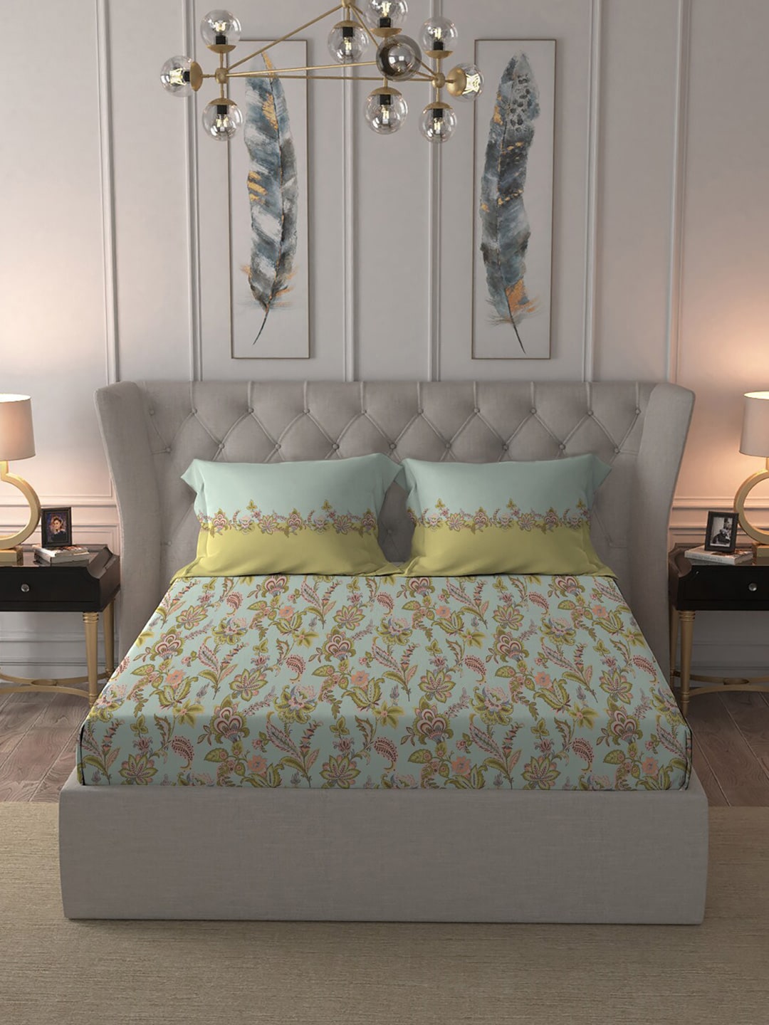 MYTRIDENT Blue White Floral Pure Cotton 144 TC Queen Bedsheet With 2 Pillow Covers - Swadesiicart