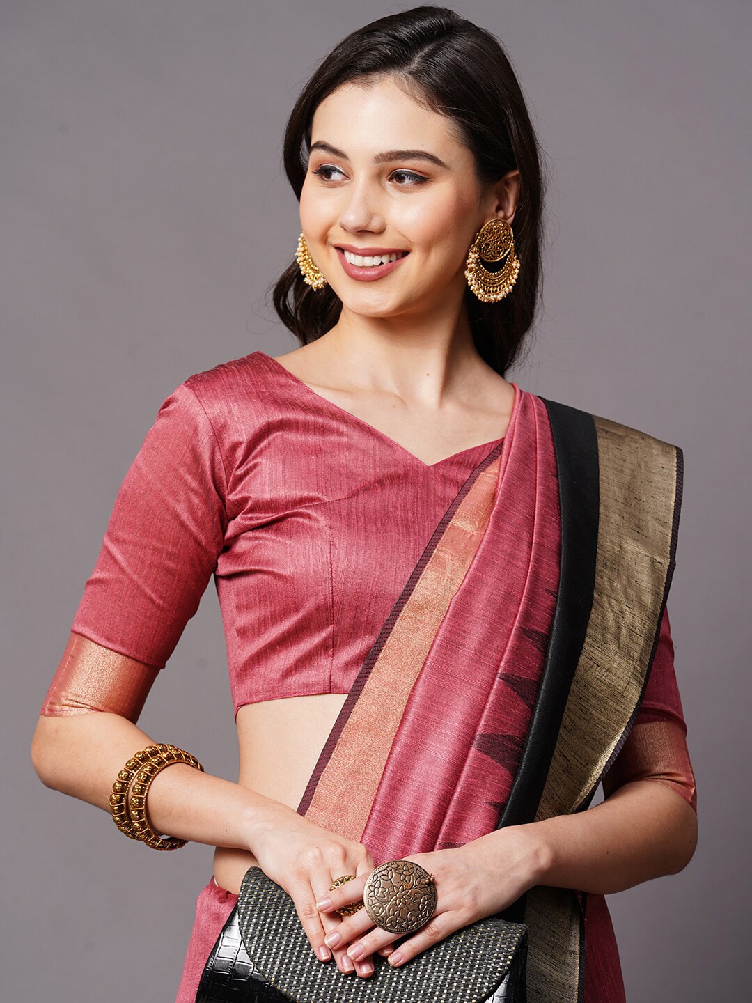 Mitera Mauve & Gold-Toned Silk Cotton Banarasi Saree | Swadesiicart
