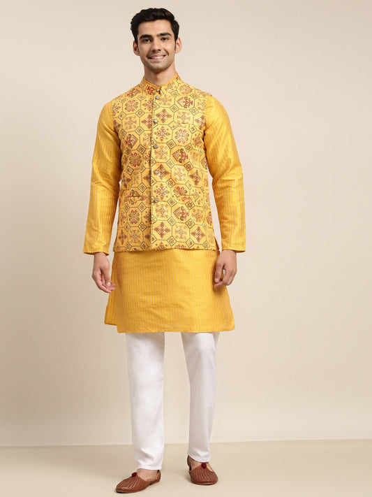 Sojanya Men Mustard Yellow Kurta with Churidar & Nehru Jacket | Swadesiicart