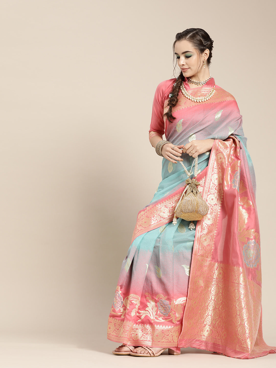 Saree Mall Pink & Blue Floral Dyed Banarasi Saree | Swadesiicart