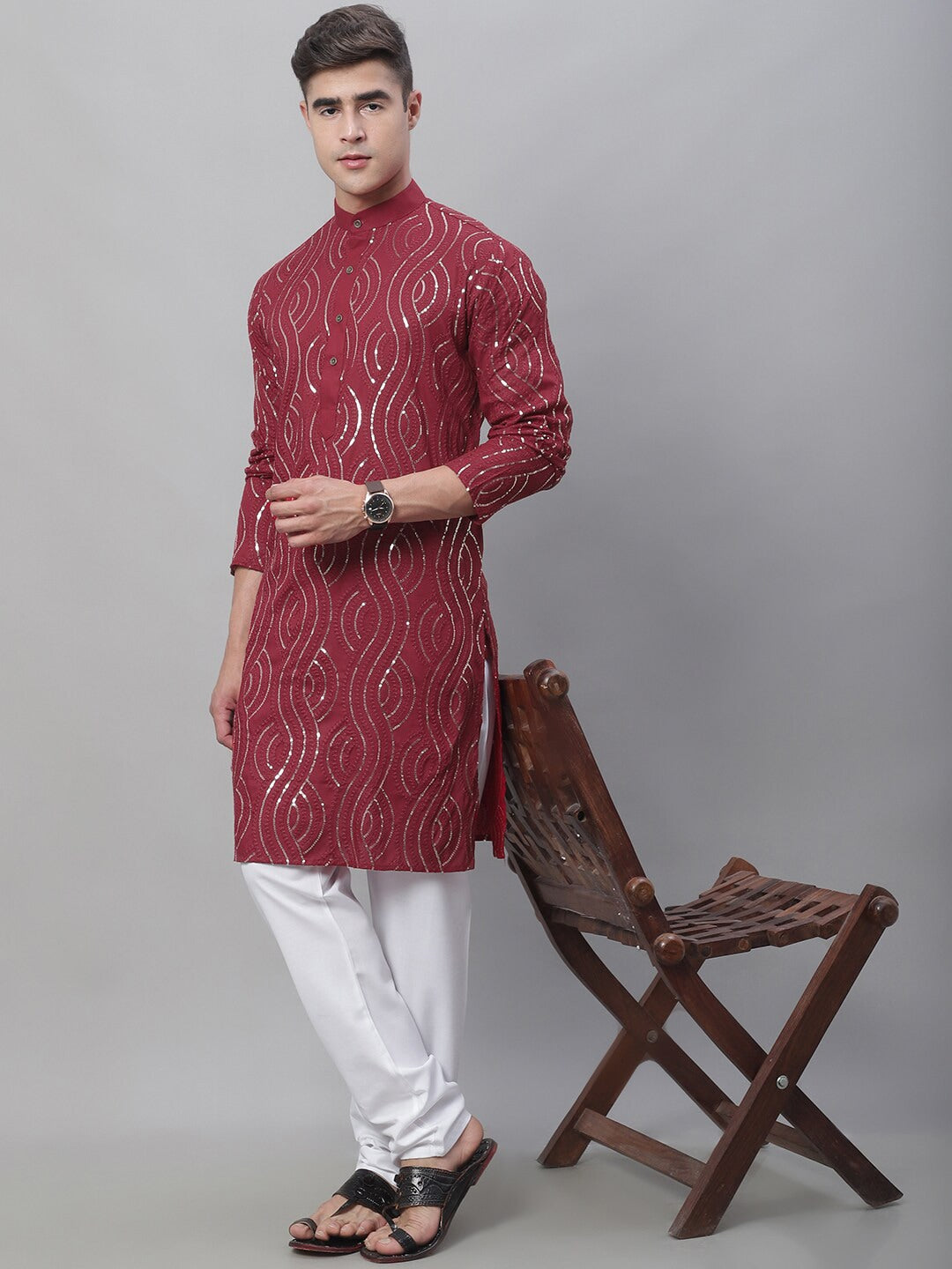 Sojanya Sequin Embroidered Pure Cotton Kurta with Churidar | Swadesiicart