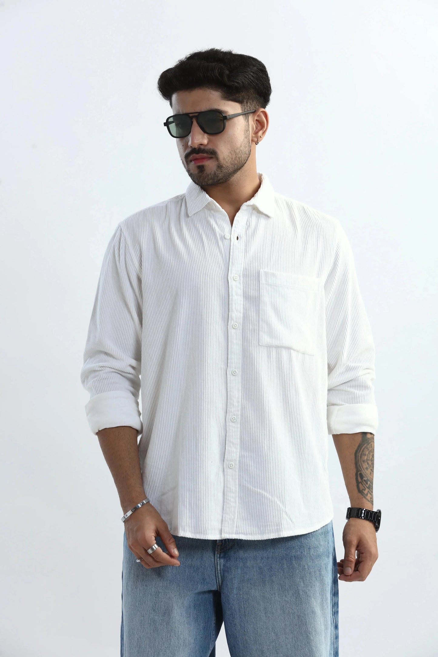 Xkind Men's White Corduroy Regular Fit Shirt | Swadesiicart