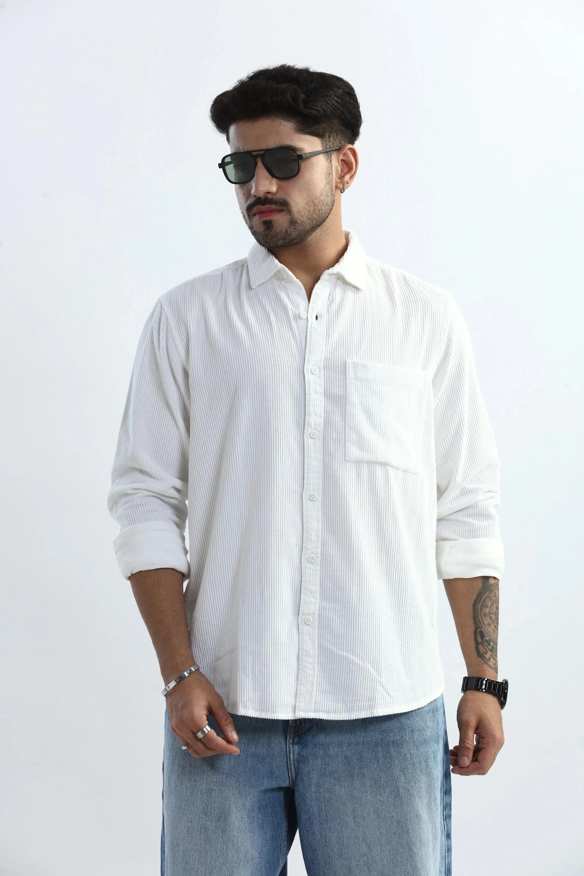 Xkind Men's White Corduroy Regular Fit Shirt | Swadesiicart