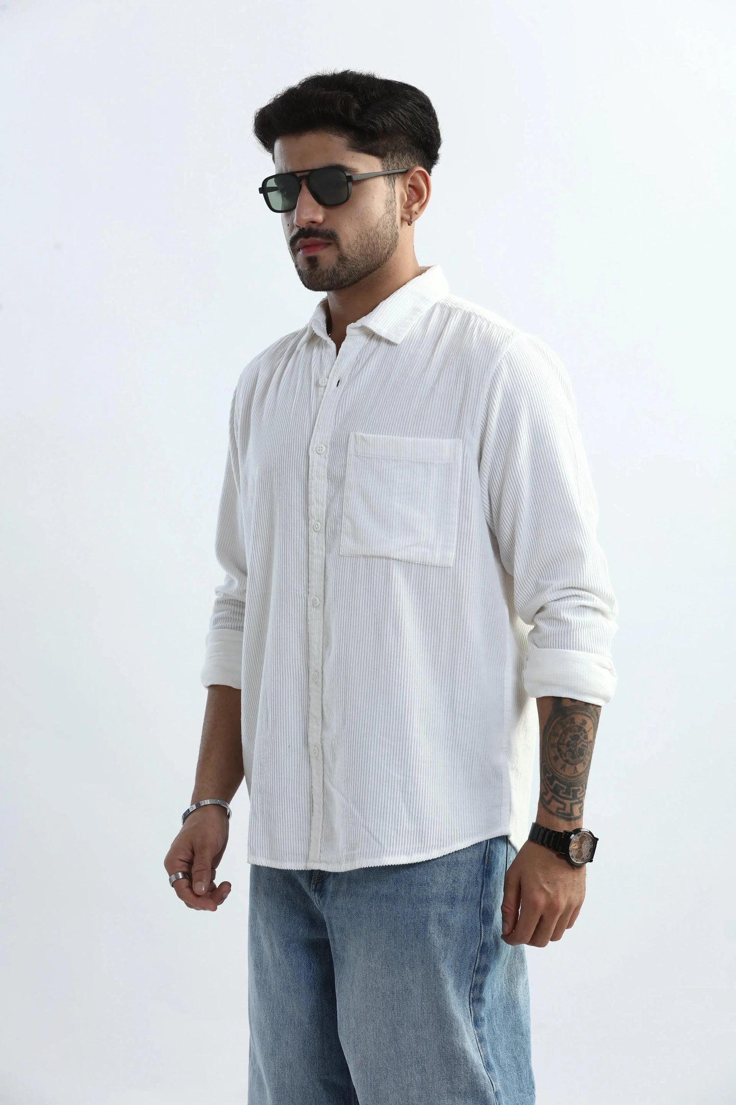Xkind Men's White Corduroy Regular Fit Shirt | Swadesiicart