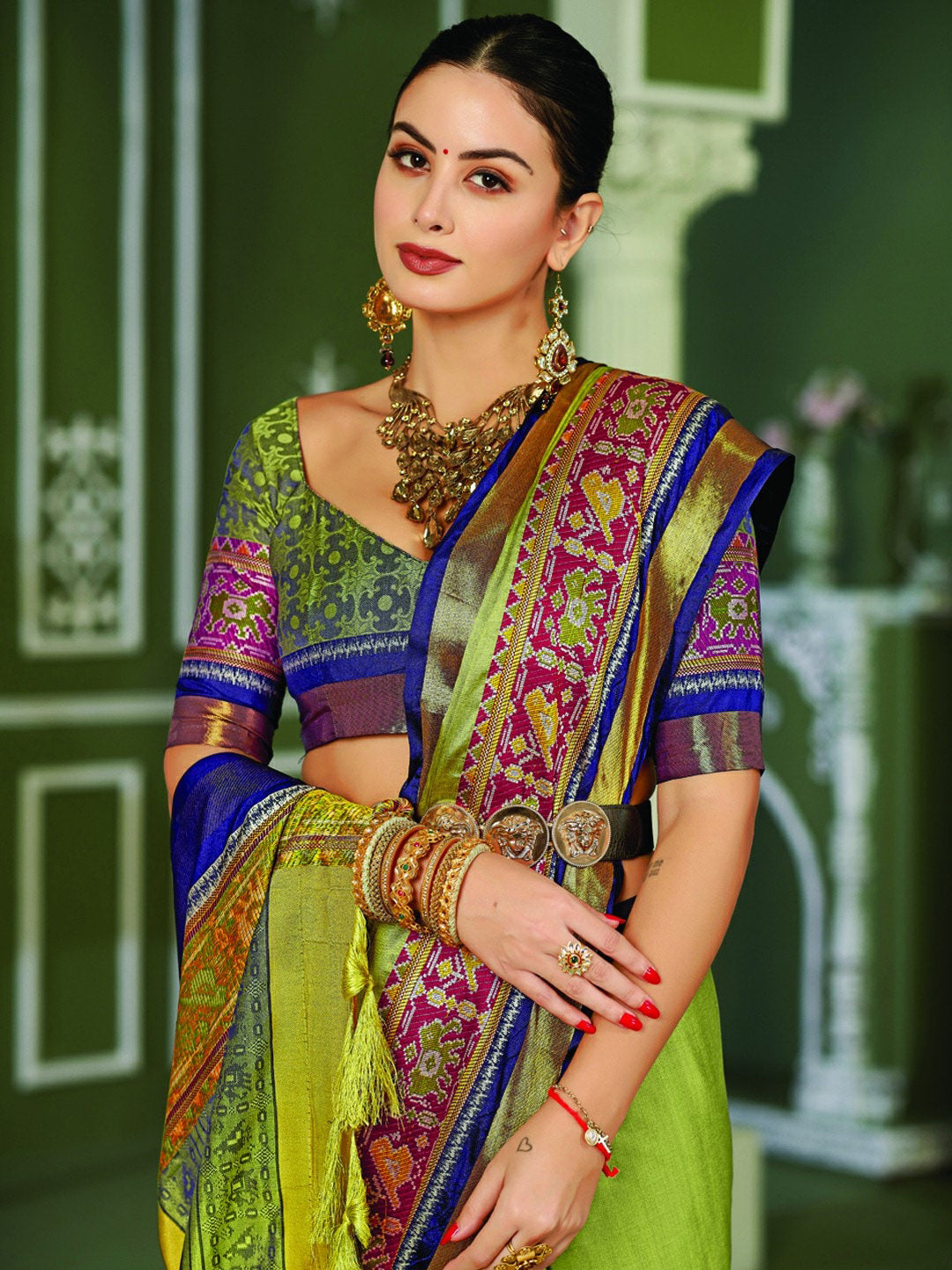 Mitera Olive Green & Blue Zari Pure Silk Banarasi Saree | Swadesiicart
