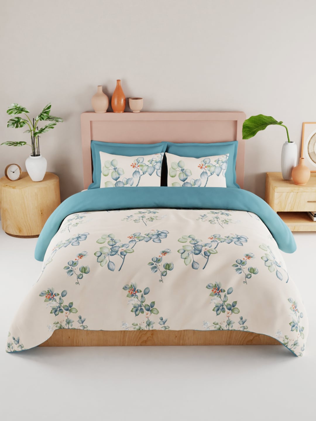 BIANCA Beige & Green Floral 186 TC King Bedsheet with 2 Pillow Covers - Swadesiicart