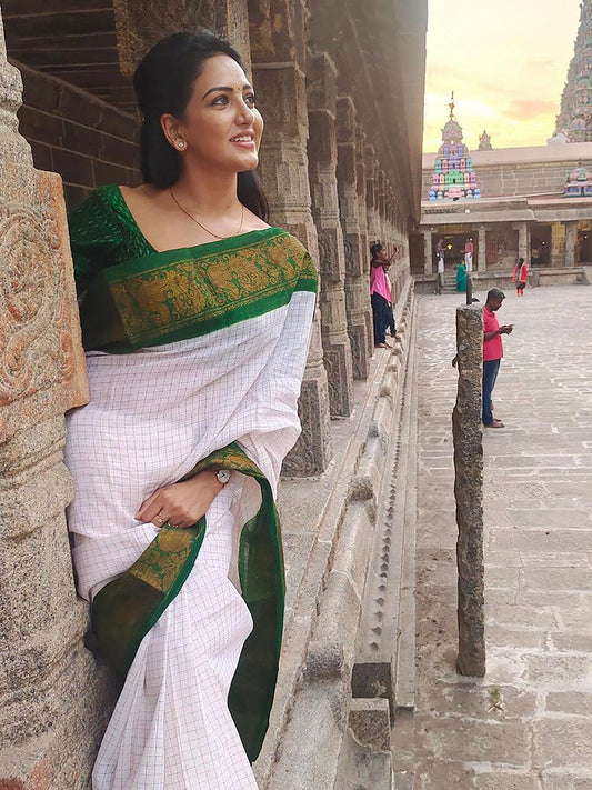 Kalini Checked Woven Design Banarasi Saree | Swadesiicart