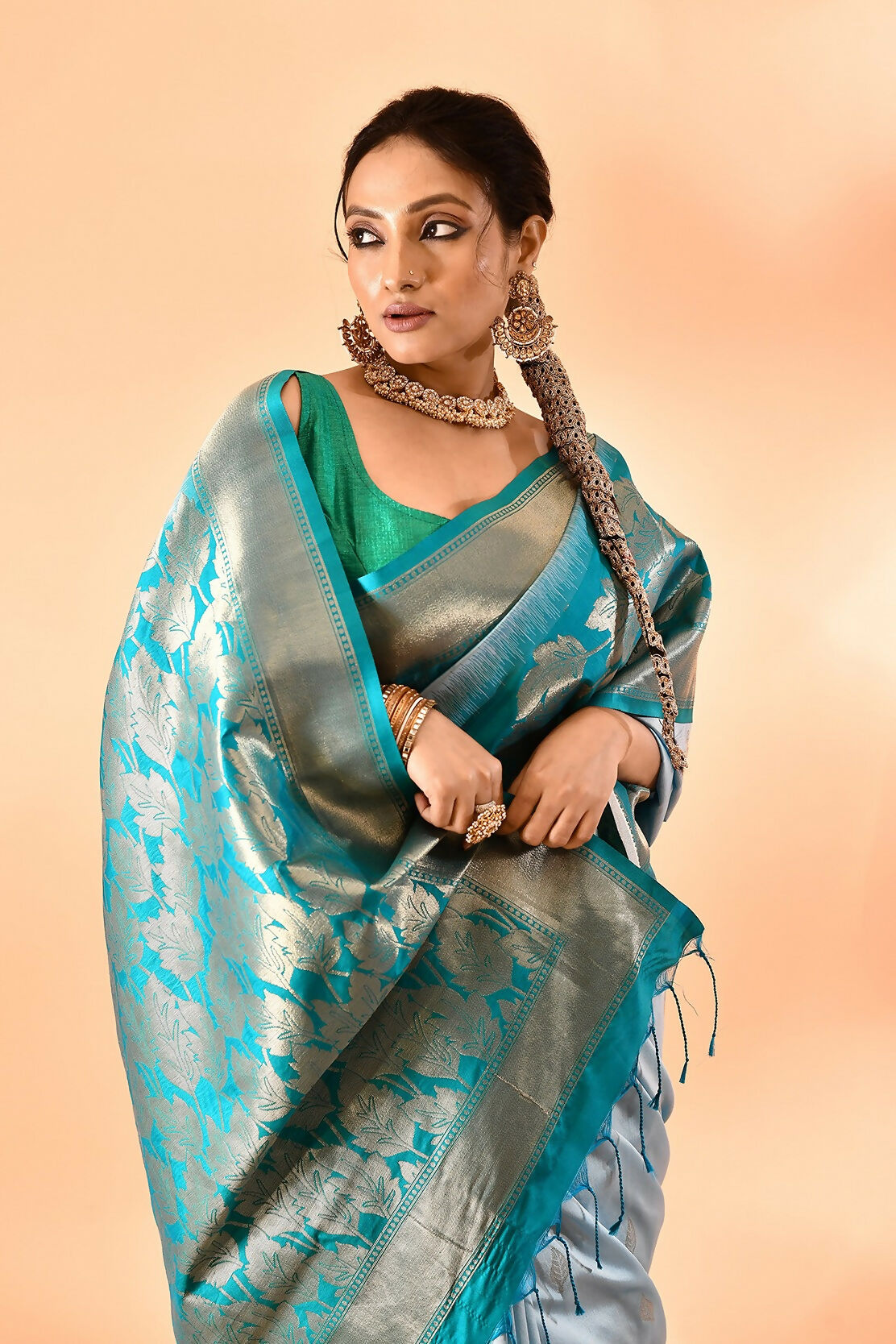 Joban Fashion Sky Blue & Rama Plain With Weaving Border Banarasi Silk Sarees | Swadesiicart