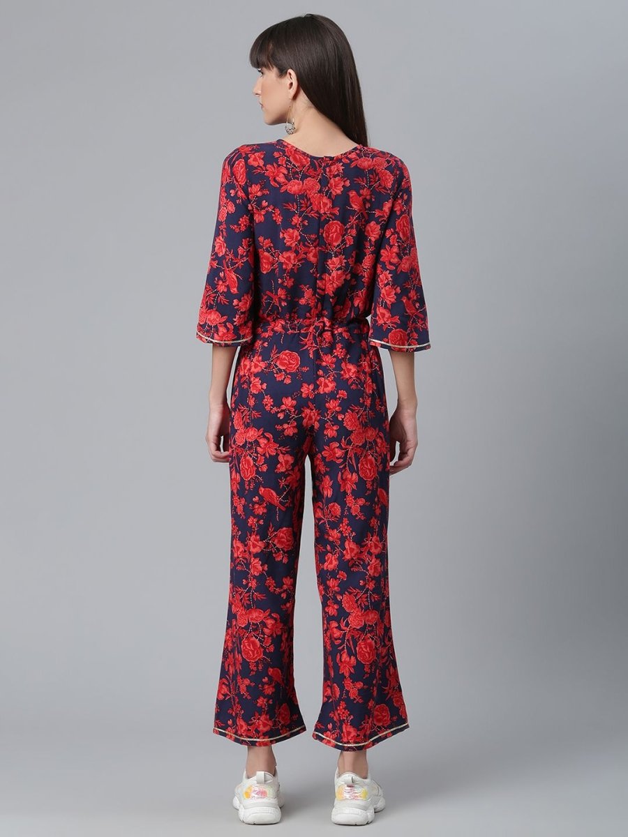Ahalyaa Womens Navy & Red Rayon Printed Jumpsuit | Swadesiicart