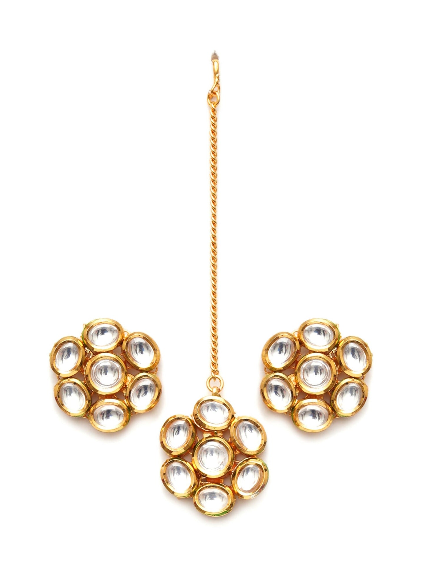 Kundan Round Maang Tikka with Studs Jewellery Set (Gold) - Ruby Raang - Swadesiicart
