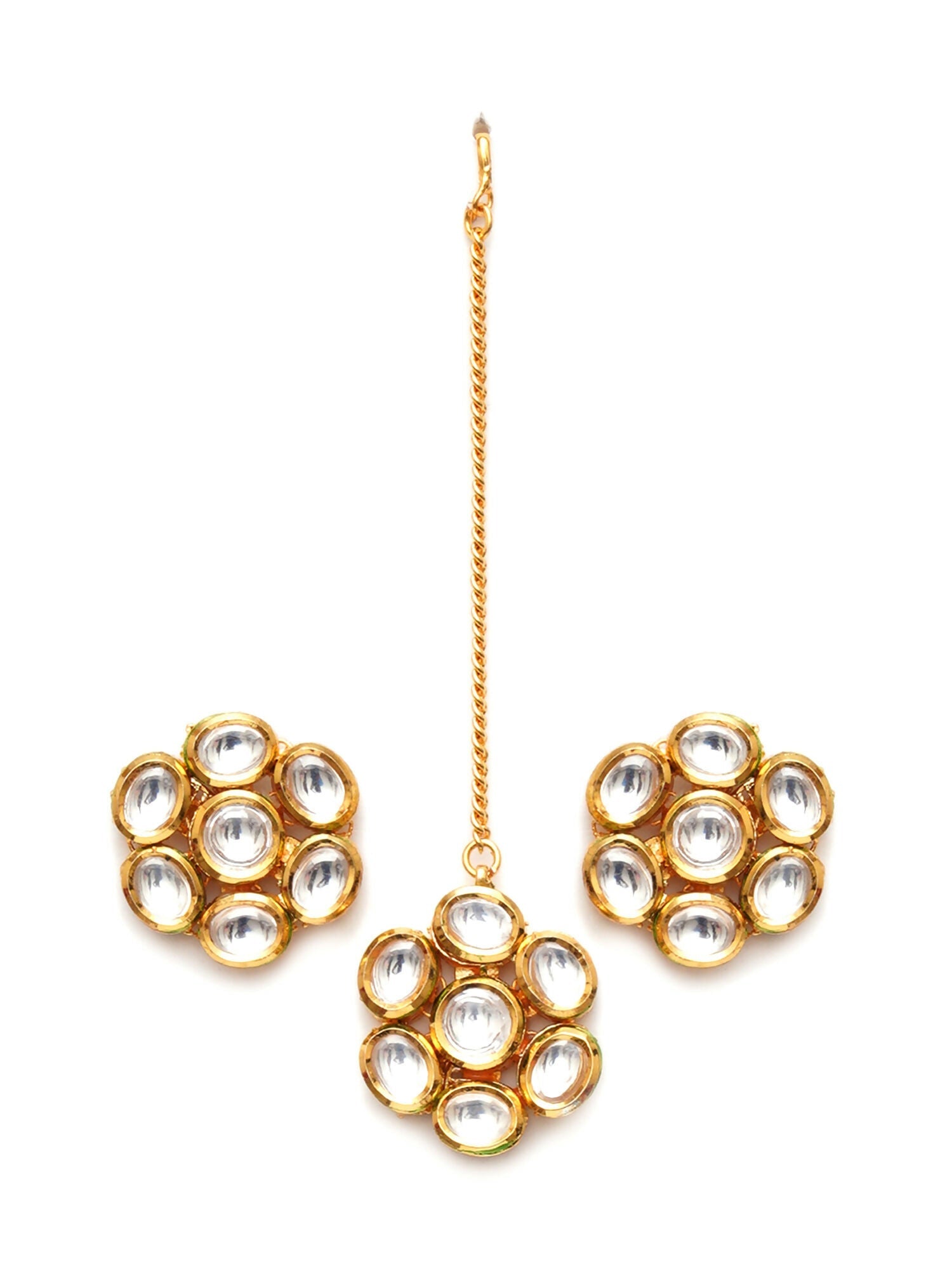 Kundan Round Maang Tikka with Studs Jewellery Set (Gold) - Ruby Raang - Swadesiicart