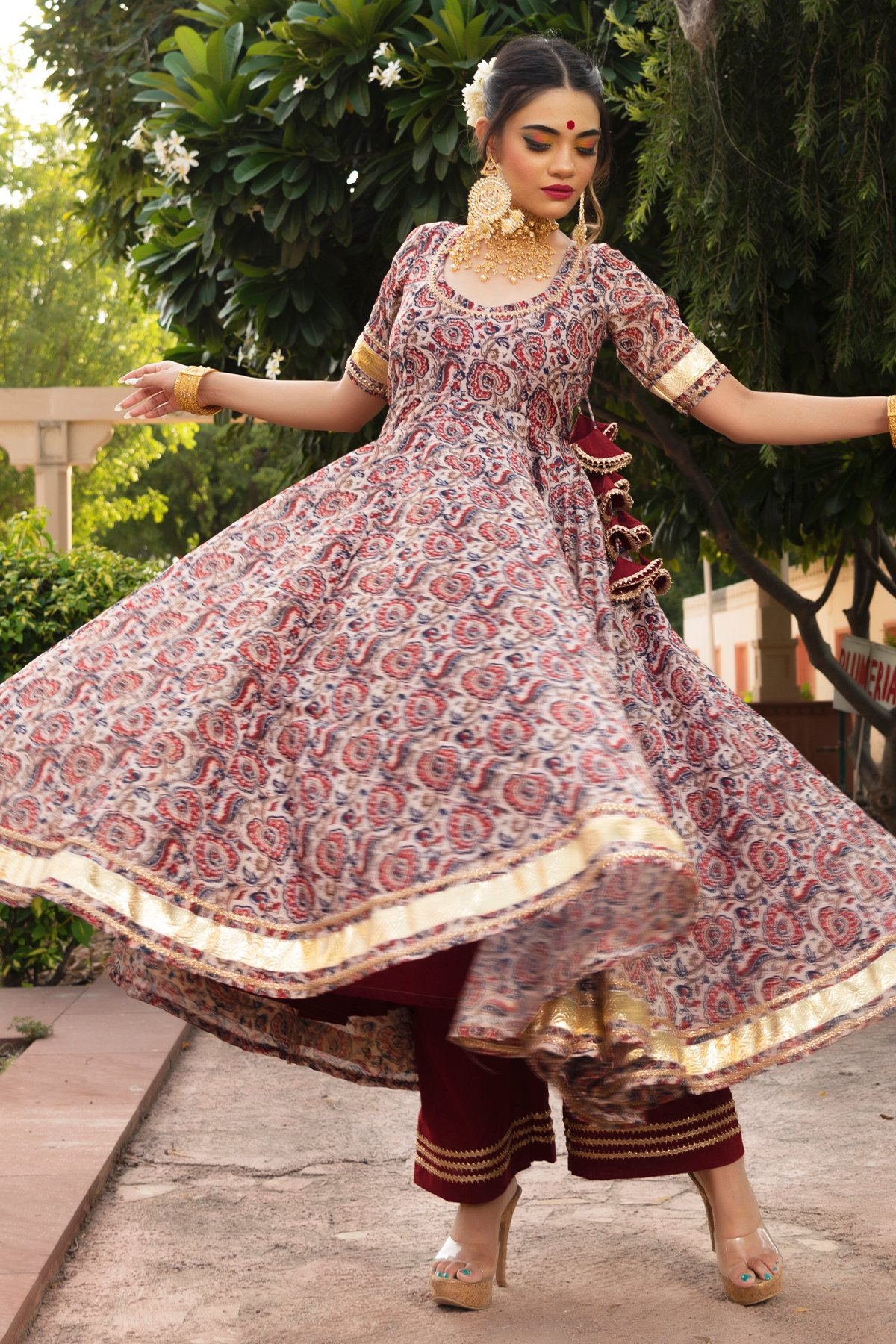 Pomcha Jaipur Gulbagh Organza Anarkali Set | Swadesiicart
