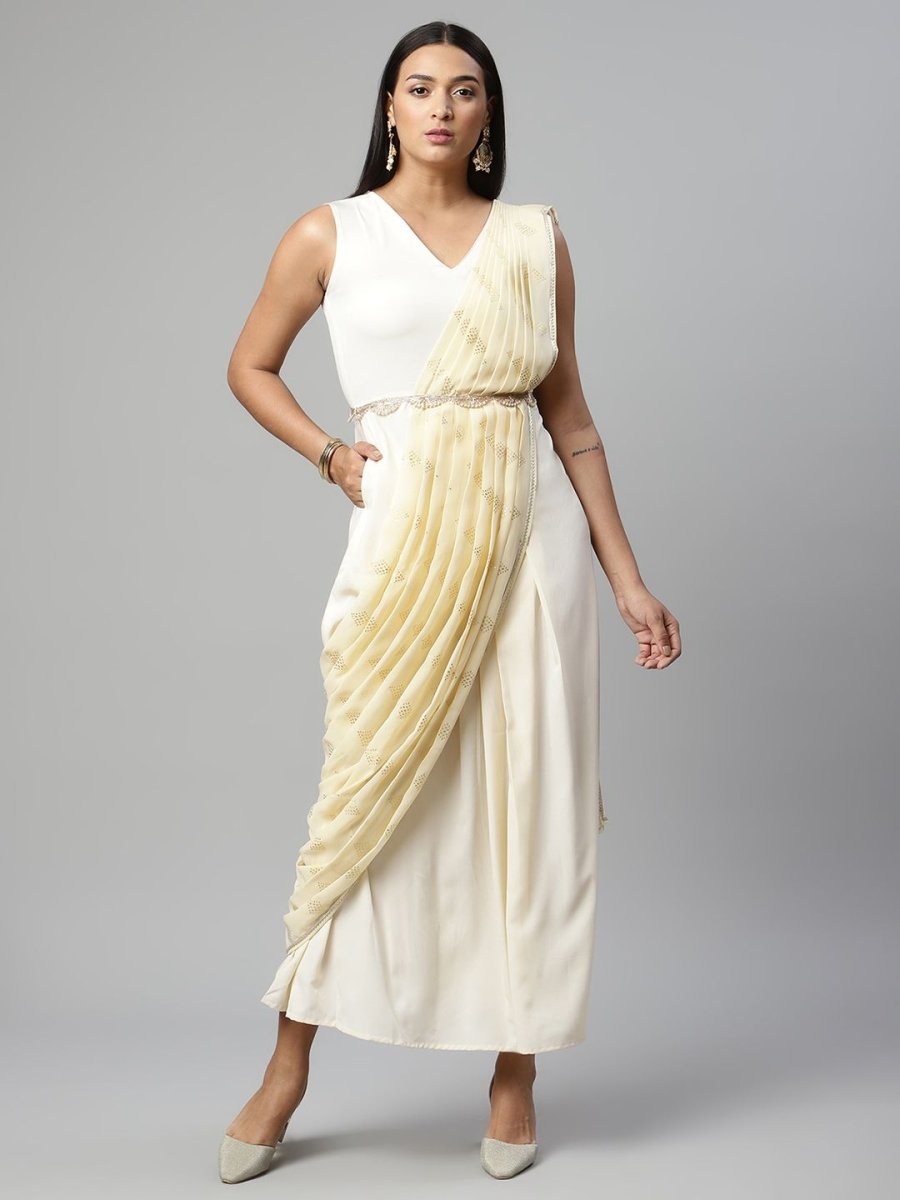 Ahalyaa Women Off White Crepe Georgette Saree Dress With Printed Pallu | Swadesiicart