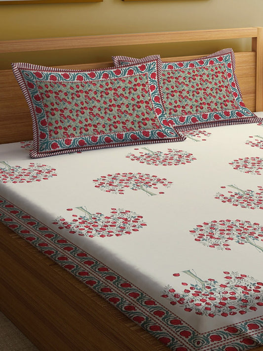Rajasthan Decor Cream-Coloured Ethnic Motifs 144 TC Cotton King Bedsheet & 2 Pillow Covers - Swadesiicart