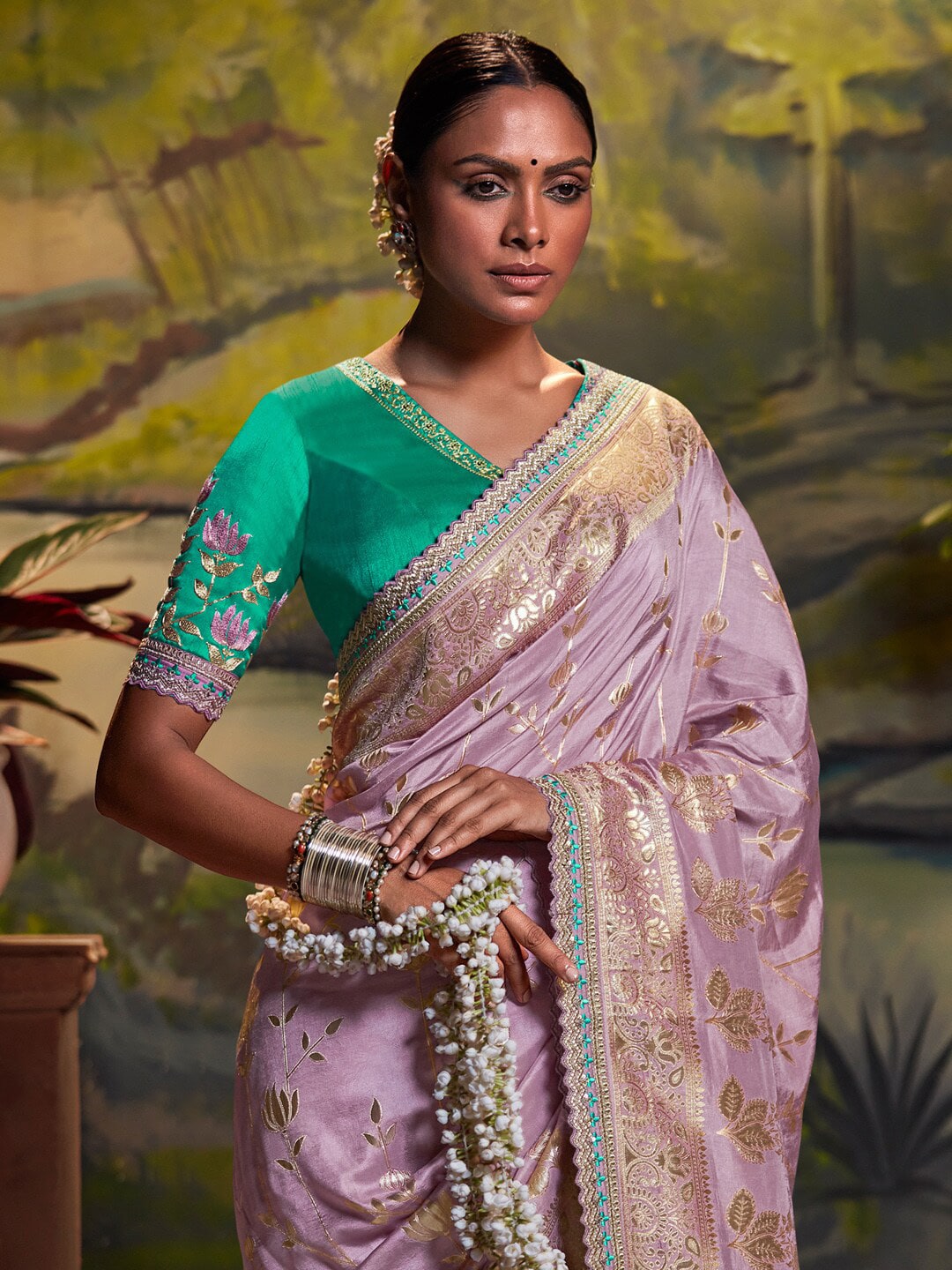 Mitera Lavender & Blue Ethnic Motifs Woven Design Zari Silk Blend Banarasi Saree | Swadesiicart