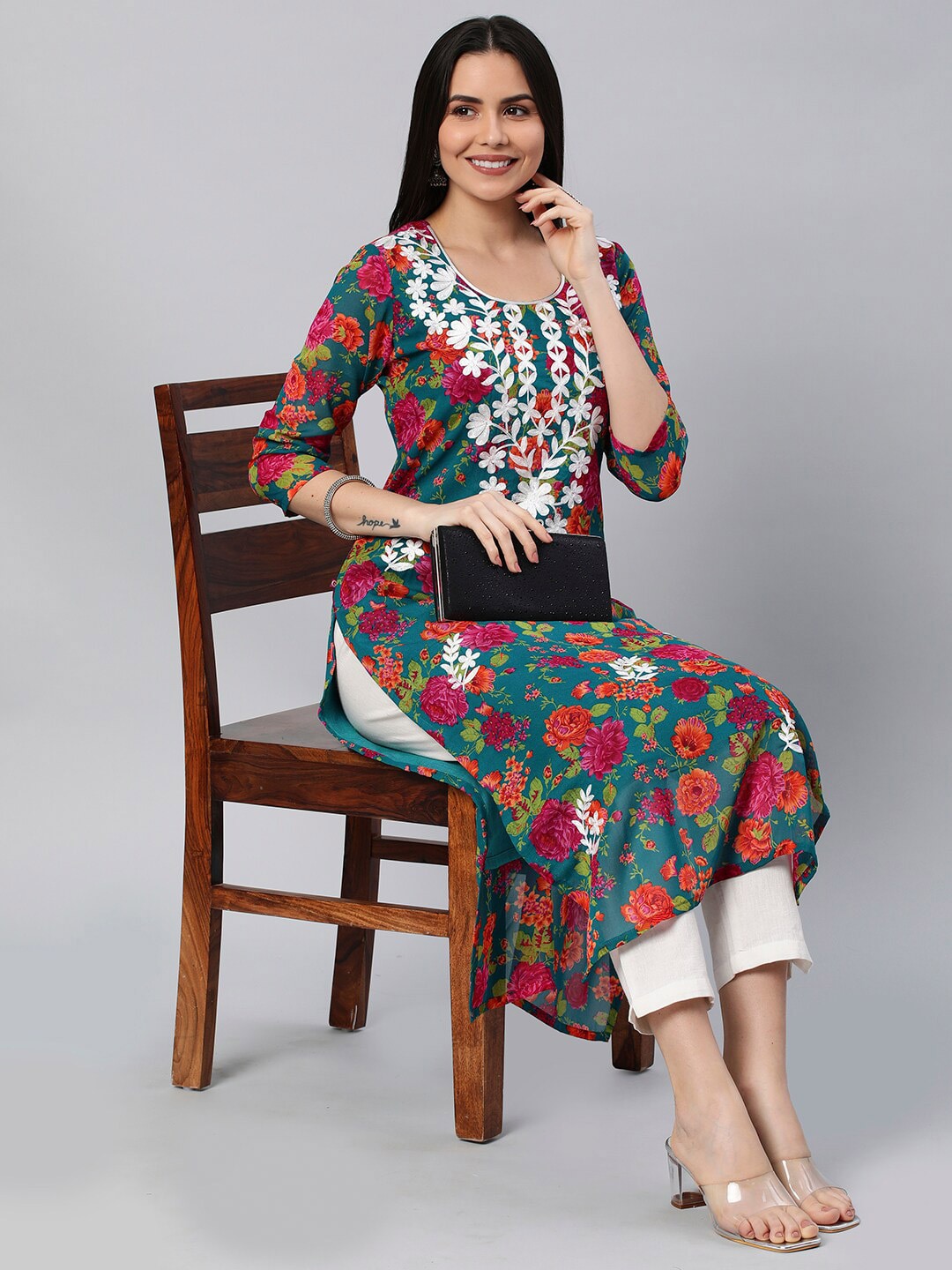 Kalini Floral Printed Chikankari Embroidered Straight Kurta | Swadesiicart