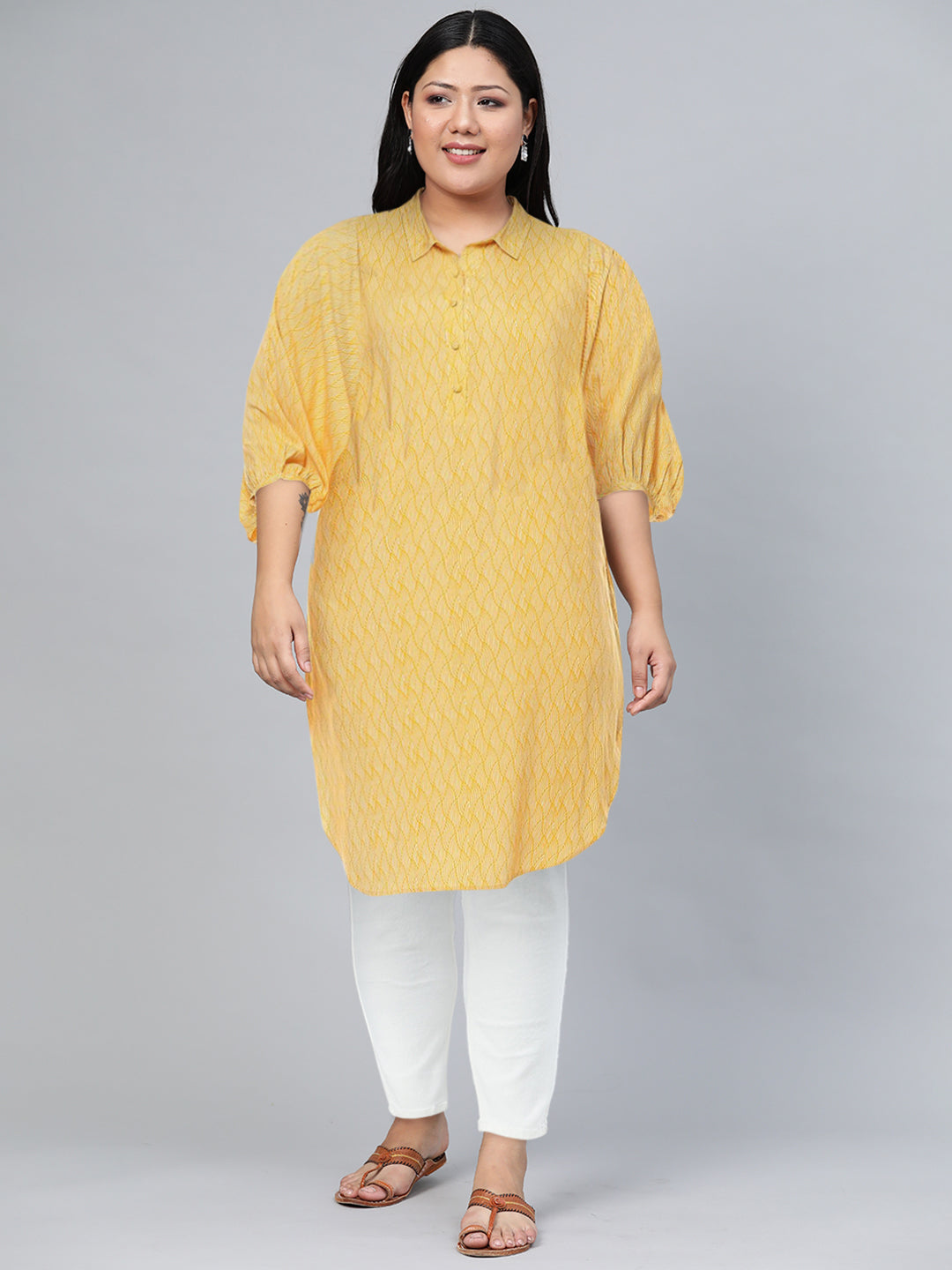 Biba Abstract Printed Batwing Sleeves Shirt Collar Kurta - Swadesiicart