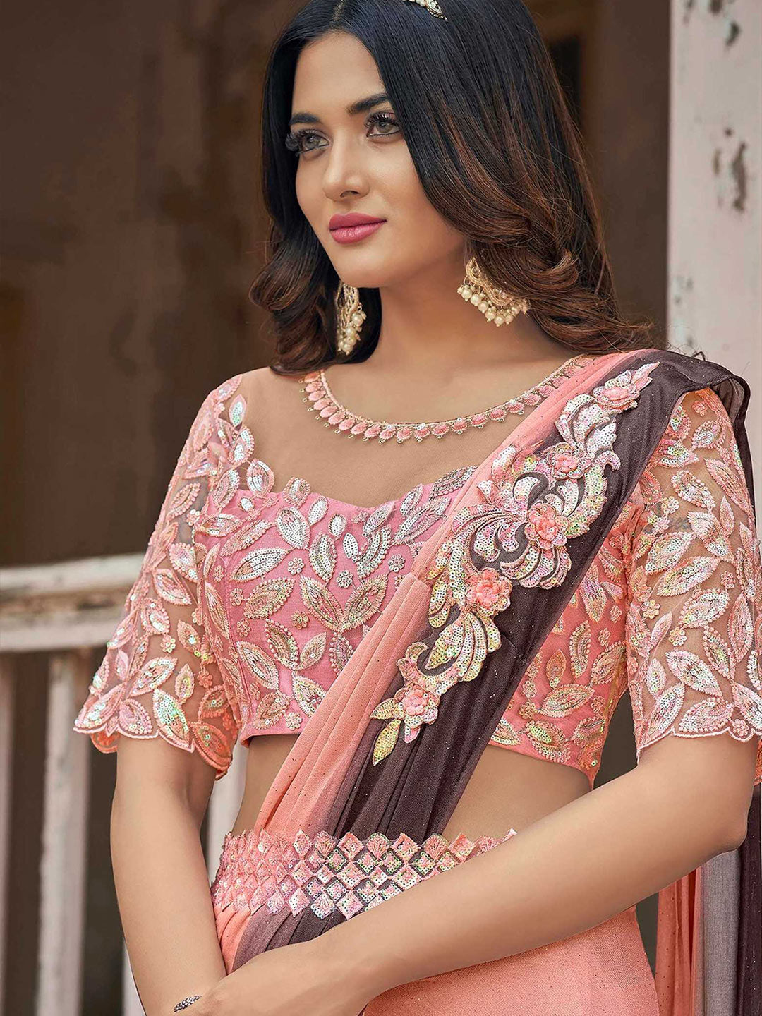 Mitera Pink & Brown Embellished Sequinned Ready to Wear Saree | Swadesiicart