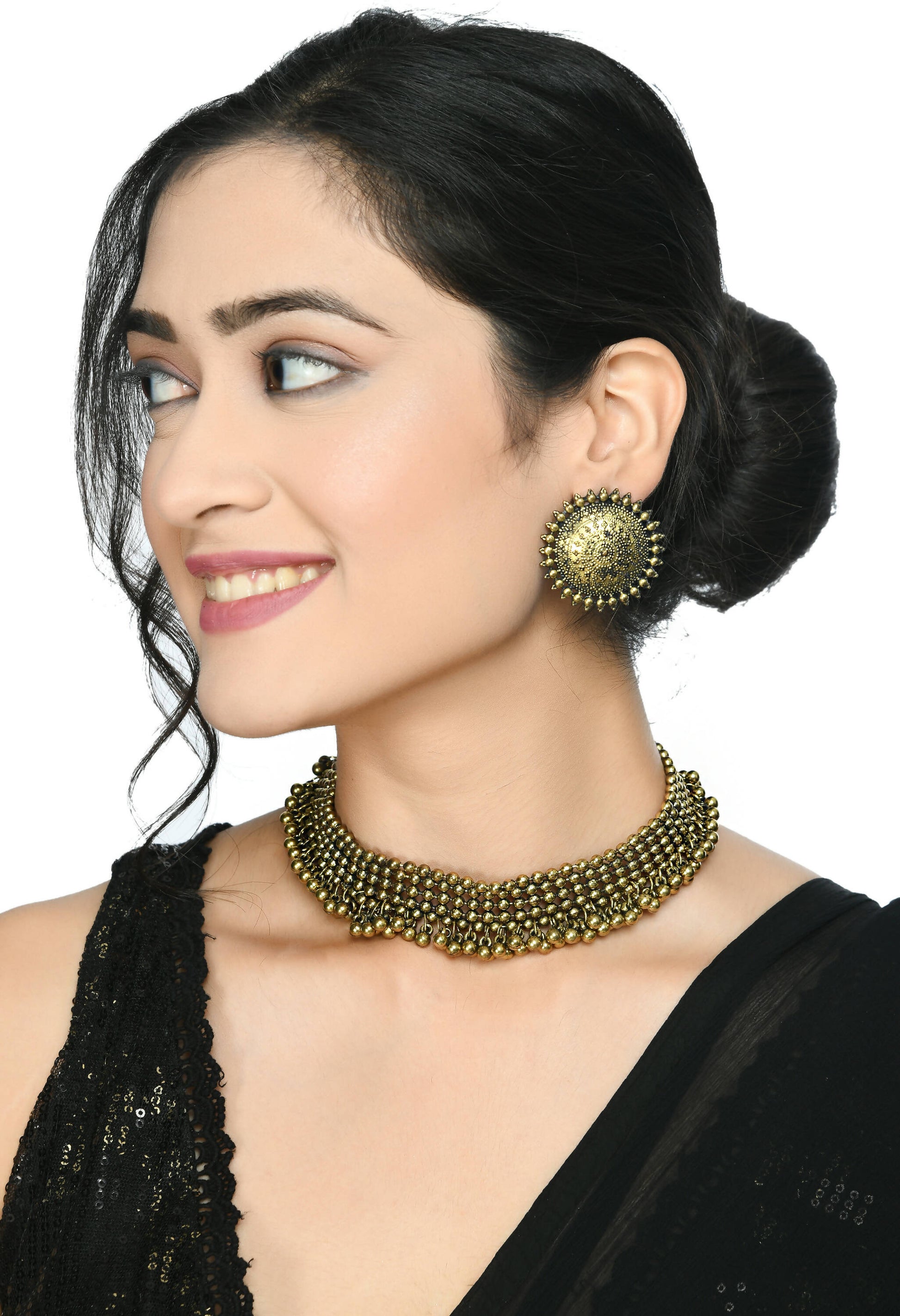 Mominos Fashion Johar Kamal Oxidised Gold-Polished Brass Finish Ghungroo Design Choker Set | Swadesiicart