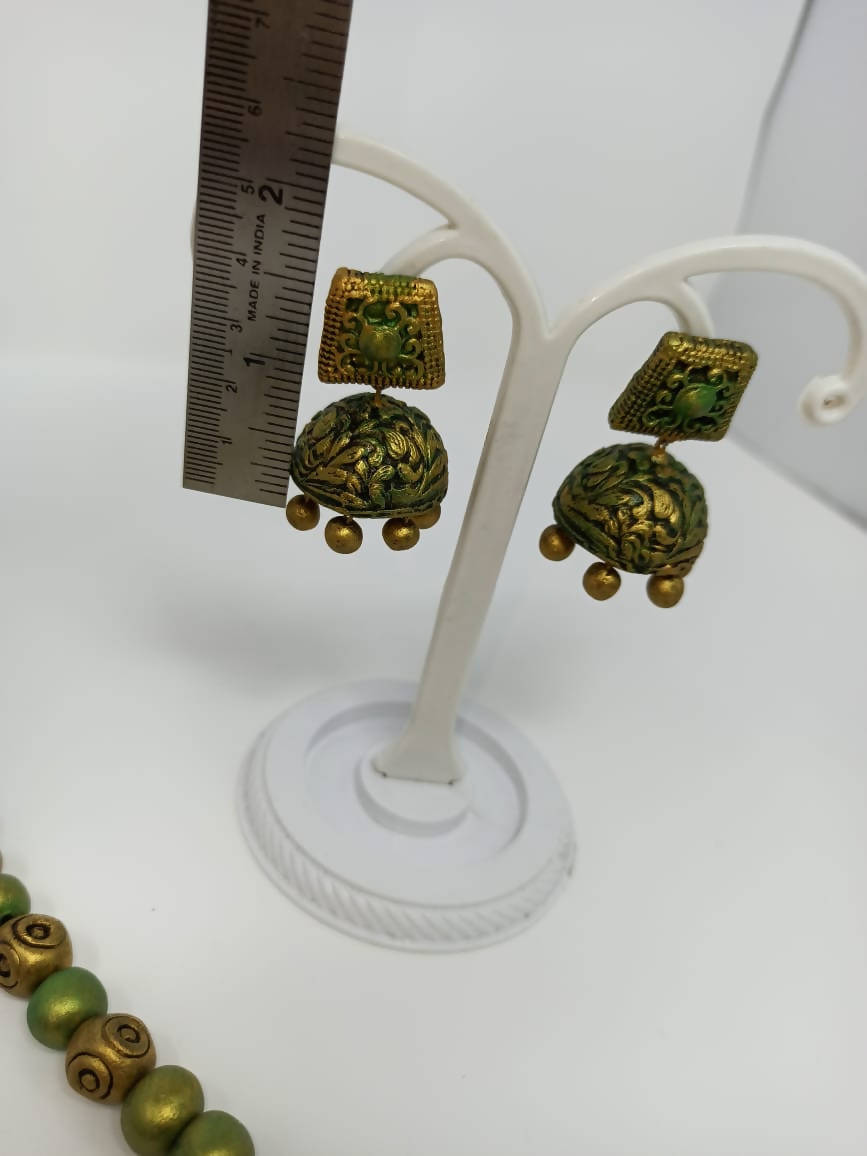 Terracotta Green and Gold Kerala Style Rowing Boat Pendant Long Necklace Set with Temple Earrings | Swadesiicart