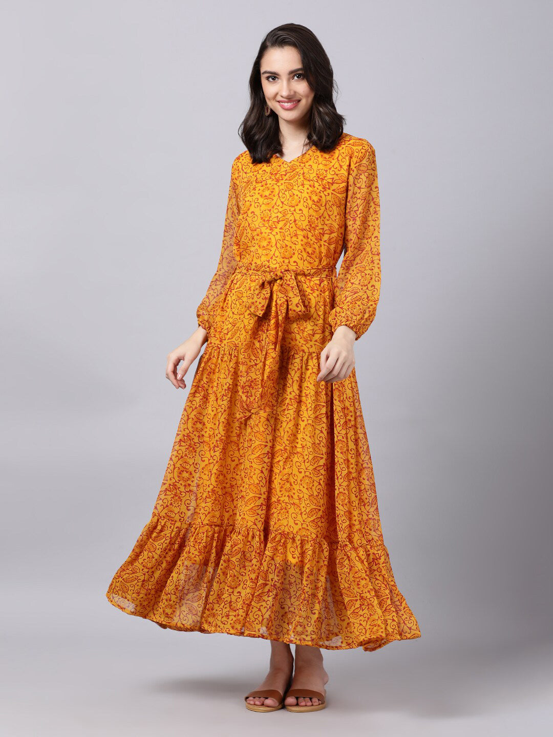 Souchii Yellow Floral Layered Chiffon Maxi Dress - Swadesiicart