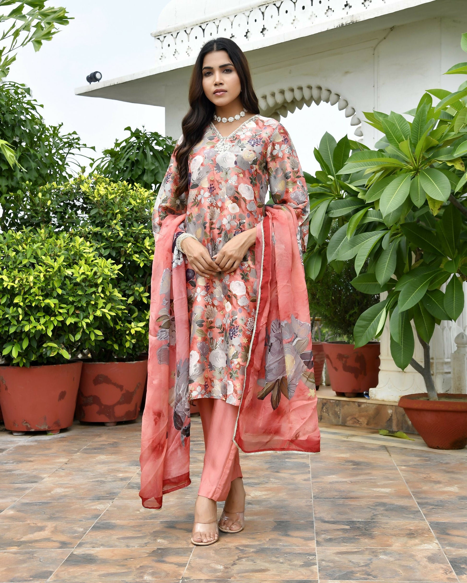 Vaasva Women's Rust Tissue Gota Embroidered Suit Set With Solid Pant And Embroidered Dupatta | Swadesiicart
